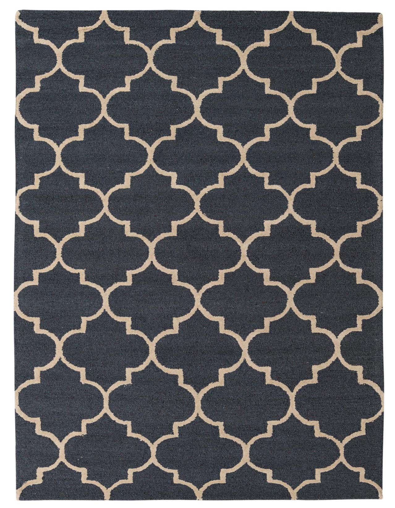 A 5x8 rectangular Luna rug by Rugs.com with a modern gray background and a repeating light beige abstract quatrefoil pattern.