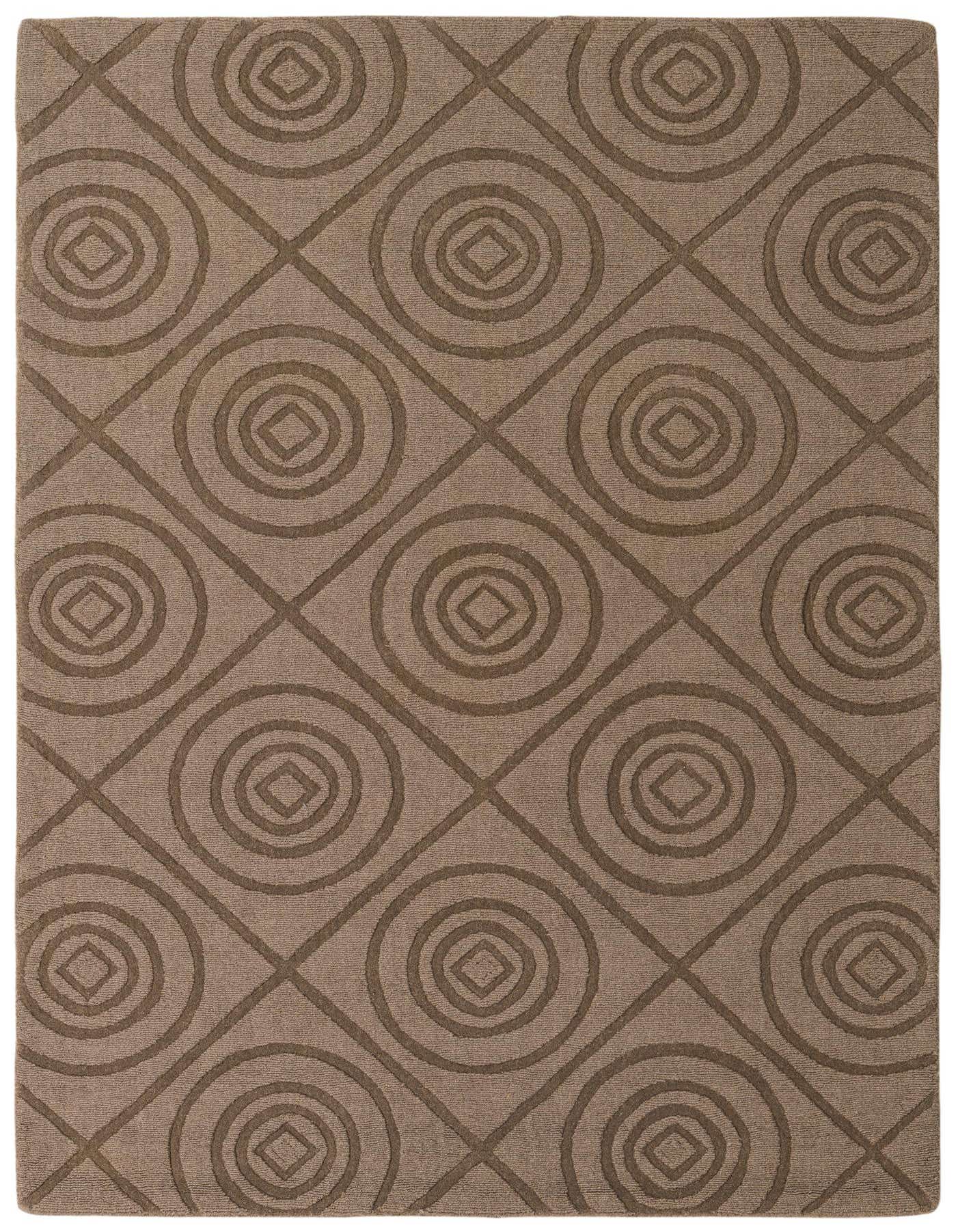 A 5x8 rectangular gray wool rug with a modern abstract pattern of concentric circles and intersecting lines.