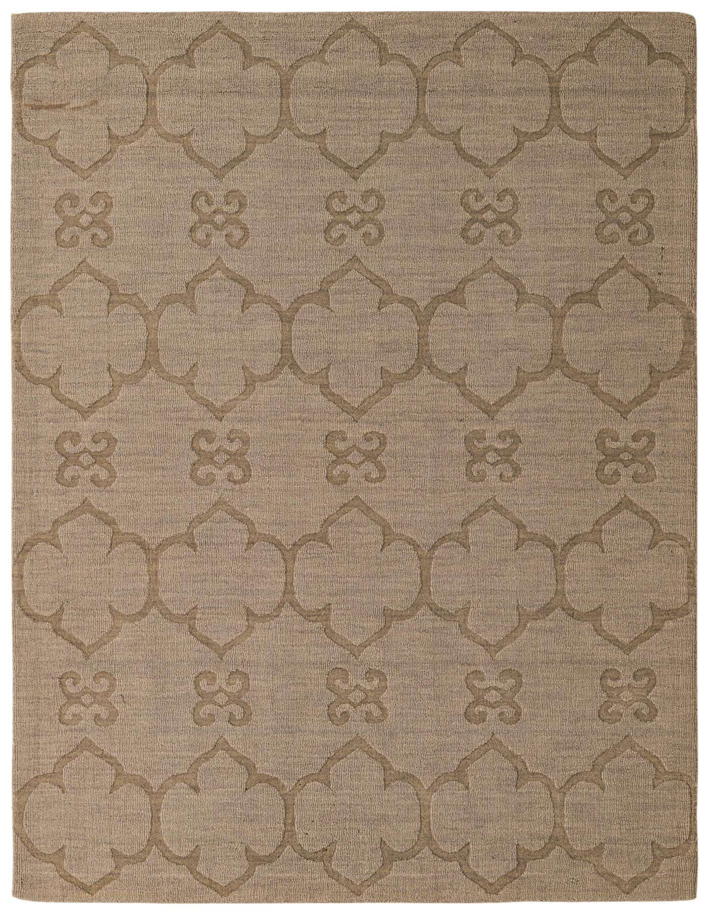 A 5x8 rectangular gray wool rug with a high pile, featuring a repeating modern abstract pattern.