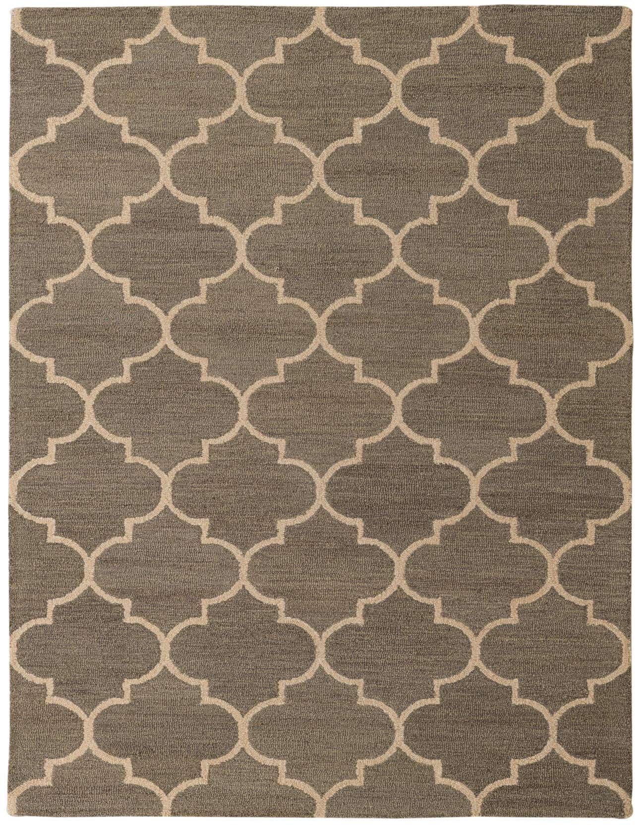 A 5x8 rectangular gray wool rug with a repeating beige modern abstract quatrefoil pattern, suitable for a living room.