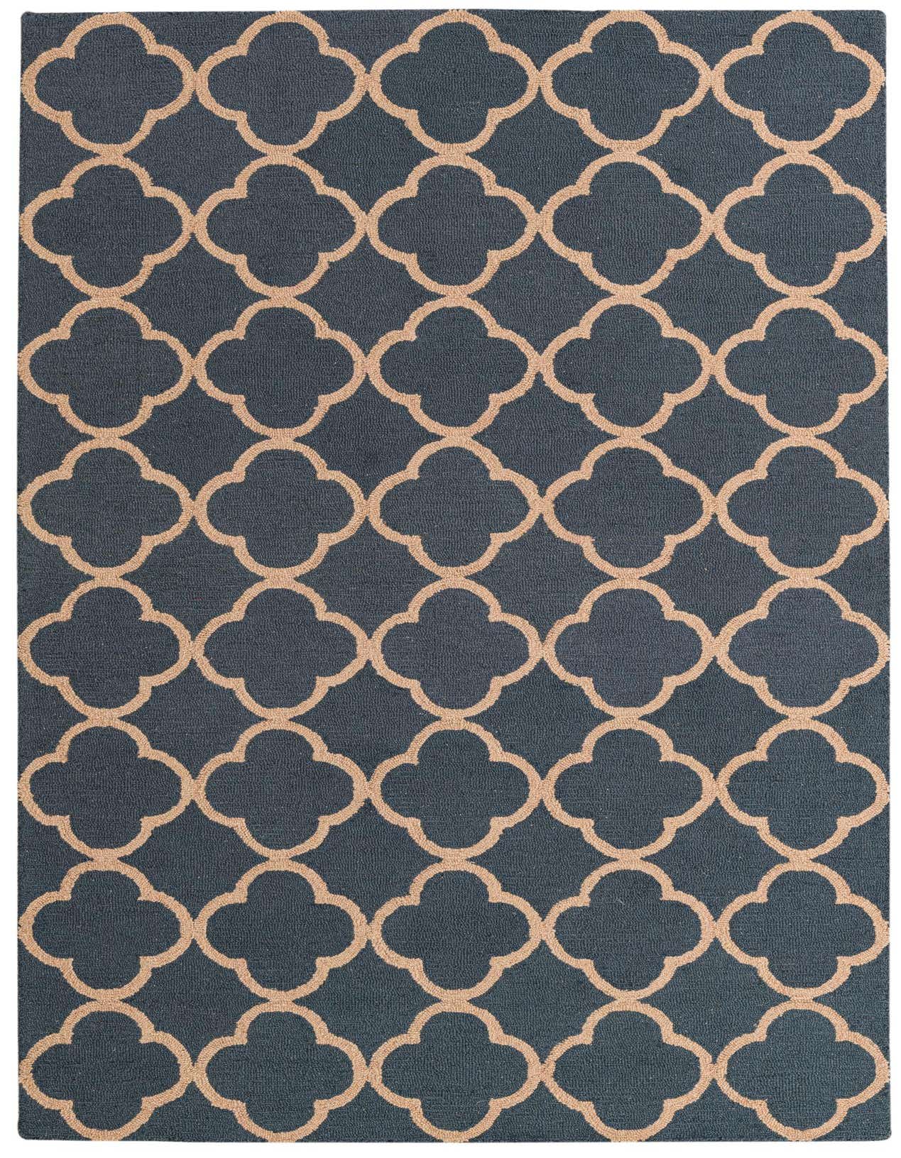 A 5x8 rectangular Luna rug with a modern abstract gray and beige quatrefoil pattern, ideal for a living room or bedroom.