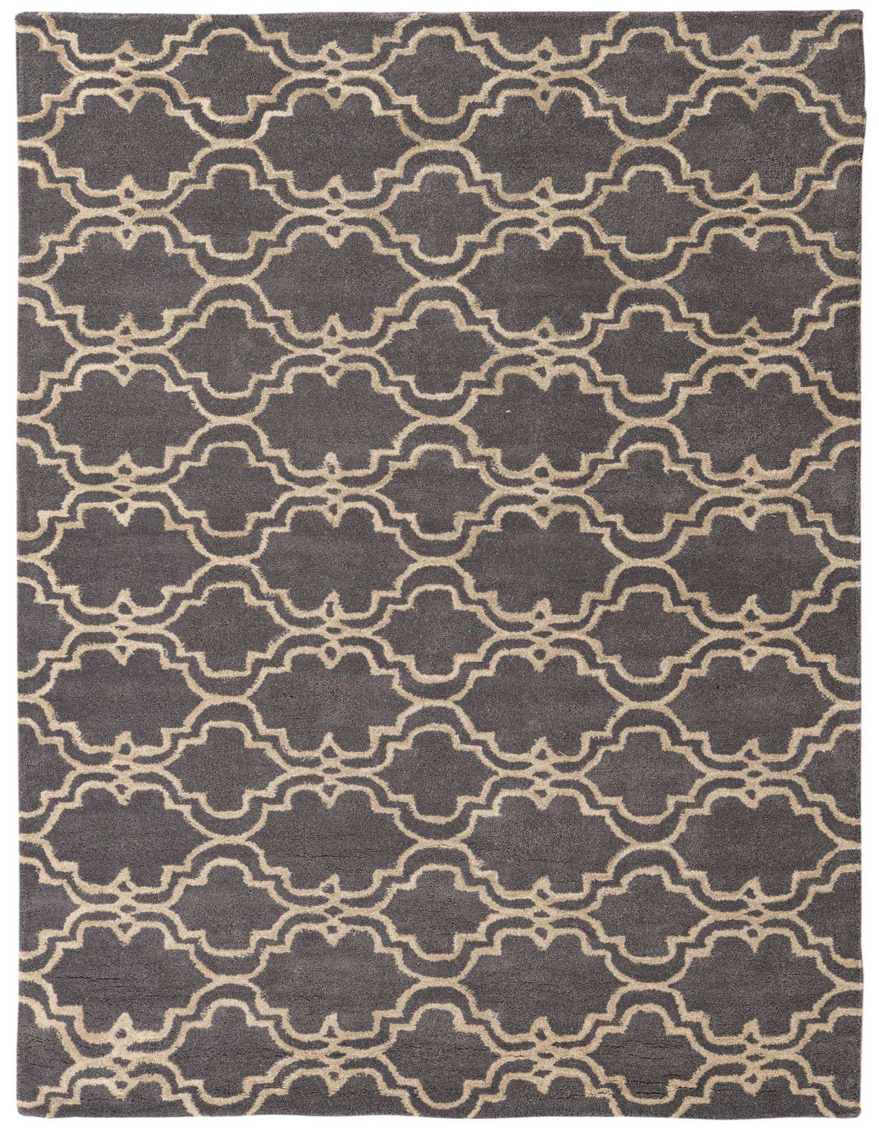 A 5x8 rectangular Luna Collection wool rug featuring a modern abstract trellis pattern in gray and beige.