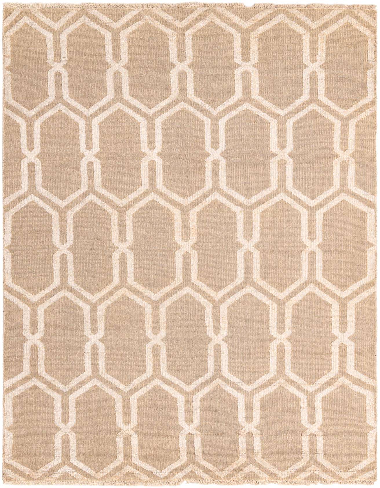 A 6x9 rectangular Luna Collection rug featuring a modern geometric trellis pattern in gray and off-white.