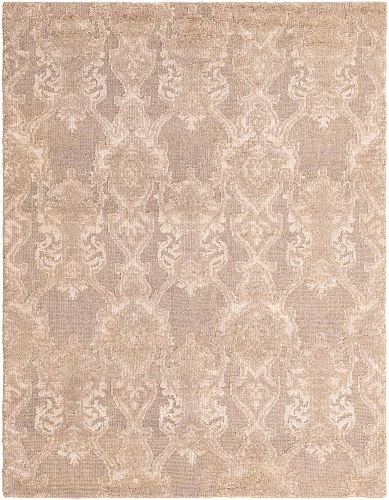 A 6x9 rectangular Luna Collection rug in gray with a subtle modern damask pattern, suitable for a living room.