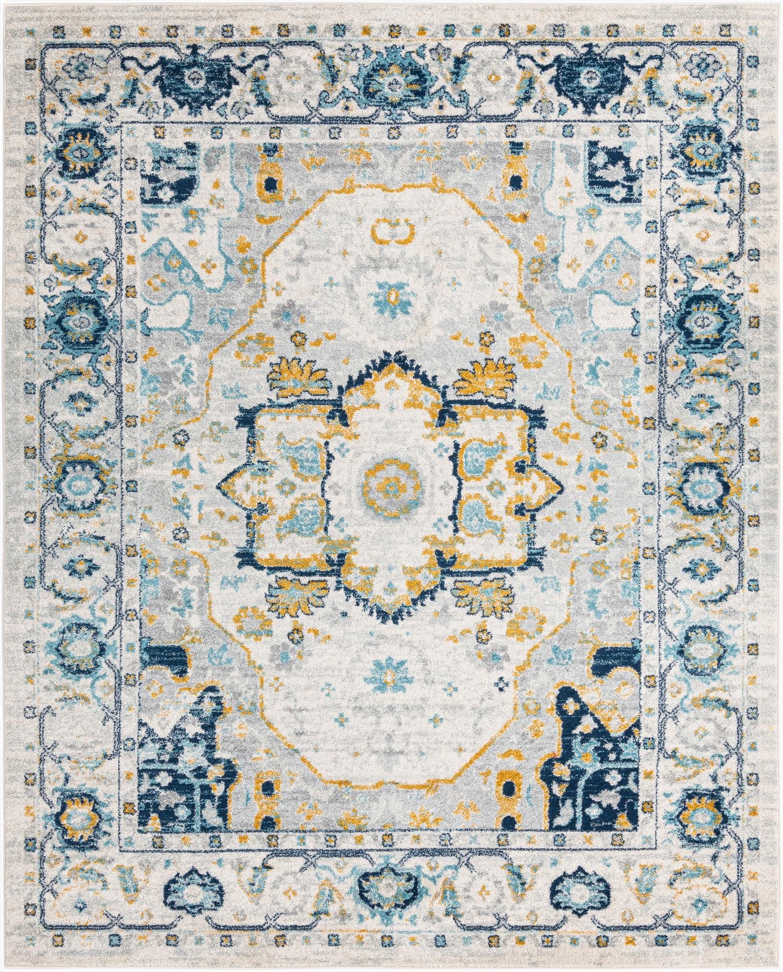 An 8x10 rectangular Madeline Vintage rug with a traditional medallion pattern in grays, blues, and gold.