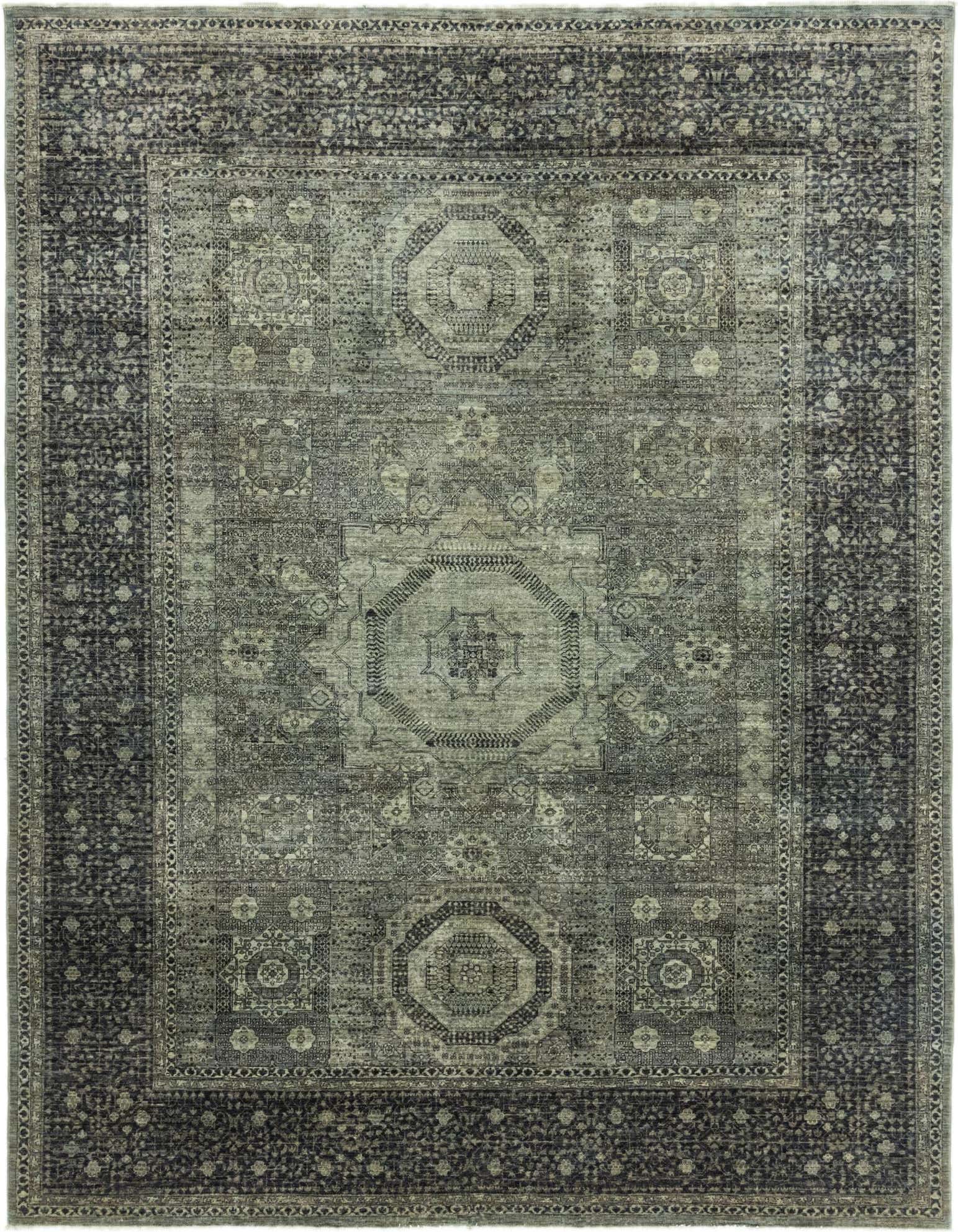 A 9x11 rectangular Mamluk Ziegler rug featuring a distressed traditional medallion pattern in varying shades of gray and silver.