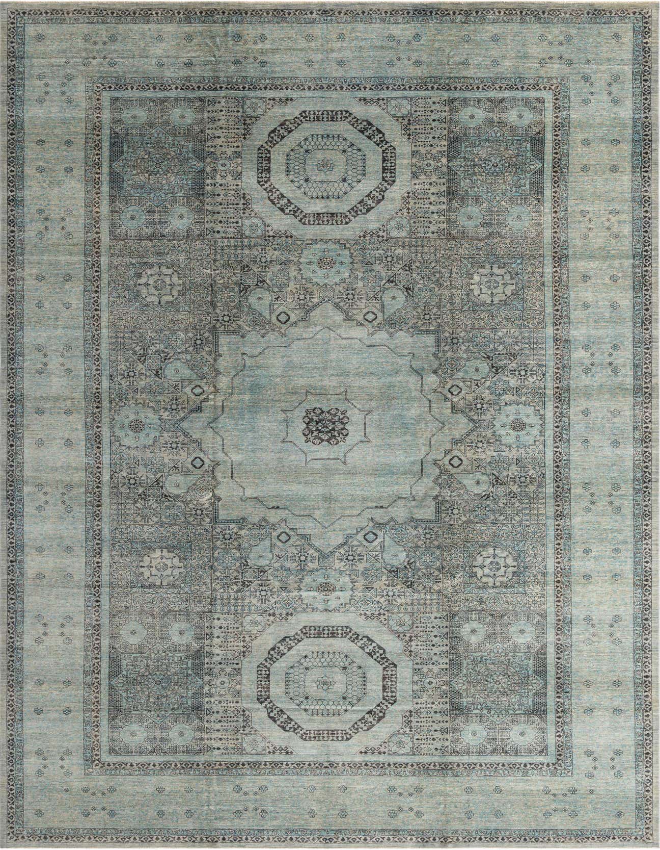 A large 13x18 rectangular Mamluk Ziegler rug in shades of gray and silver with intricate oriental patterns and a central medallion.