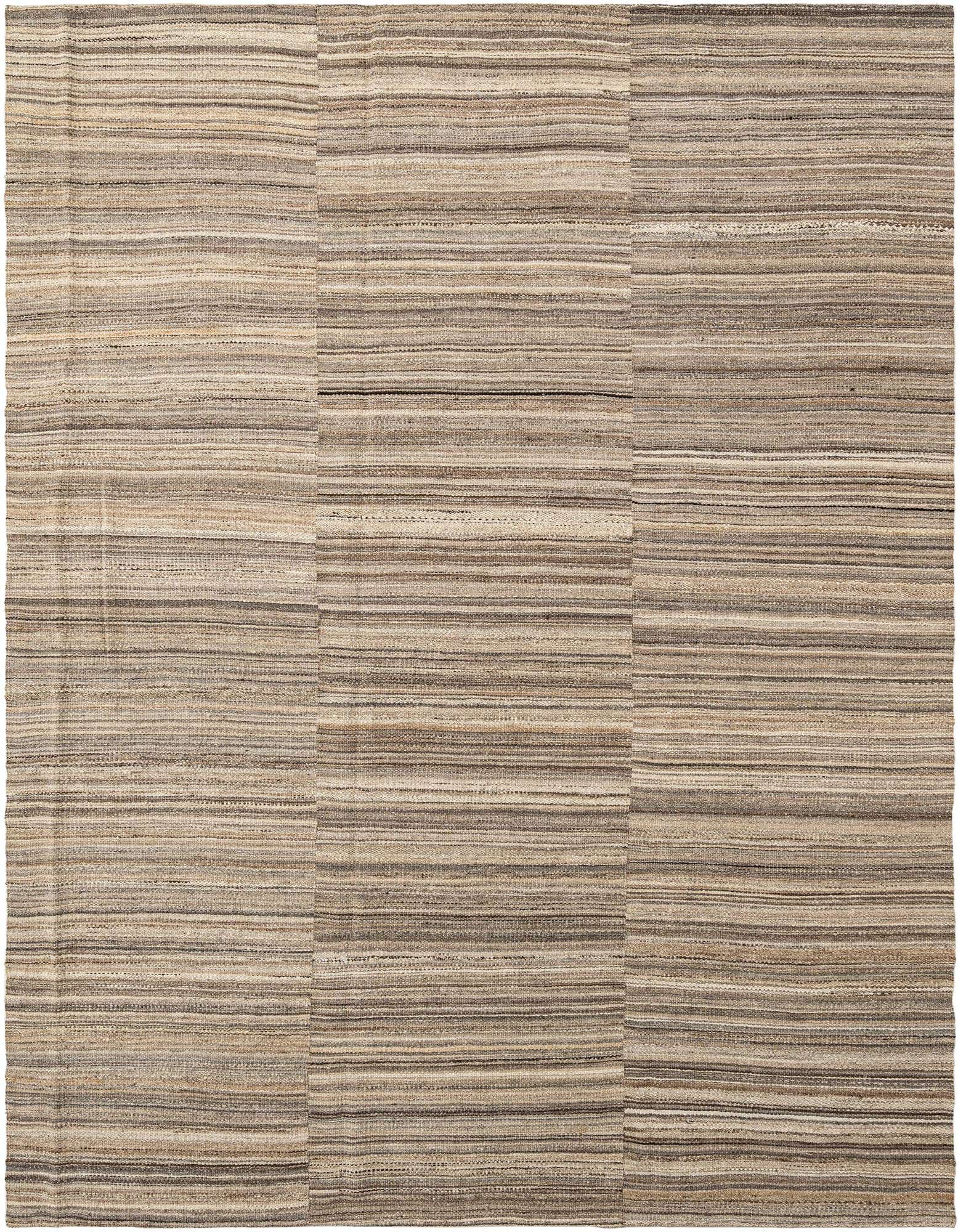 A rectangular, handmade Marok Kilim rug featuring horizontal stripes in varying shades of gray, silver, and natural tones.