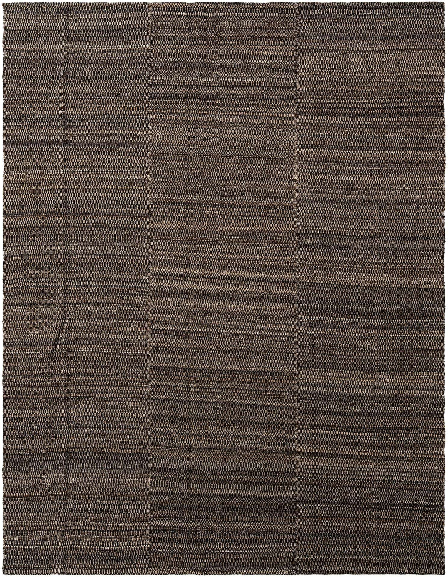 A rectangular handmade gray wool flatweave rug with a subtle tribal pattern, suitable for indoor use.