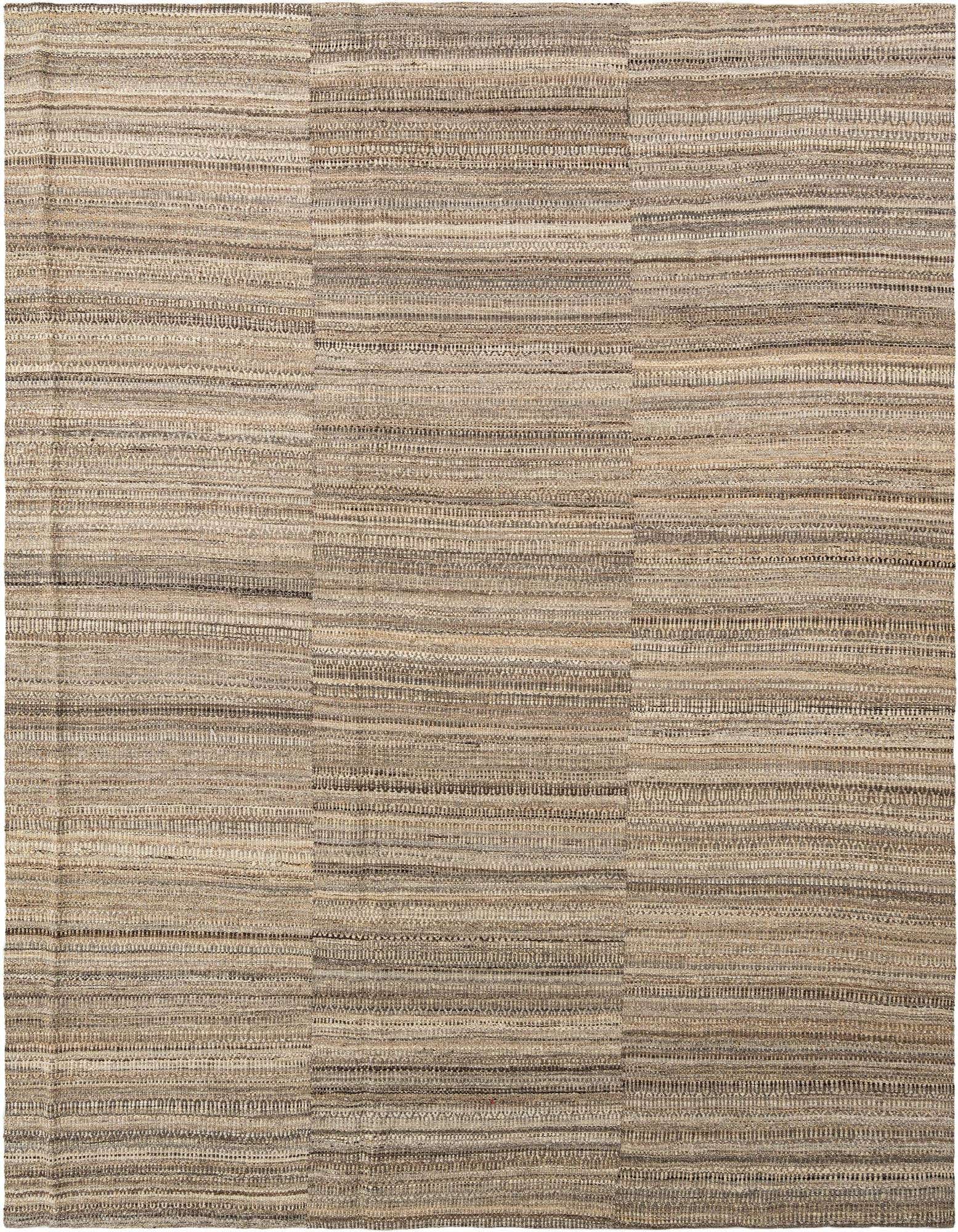 Handmade rectangular Marok Kilim rug with a tribal pattern in varying shades of gray and silver.