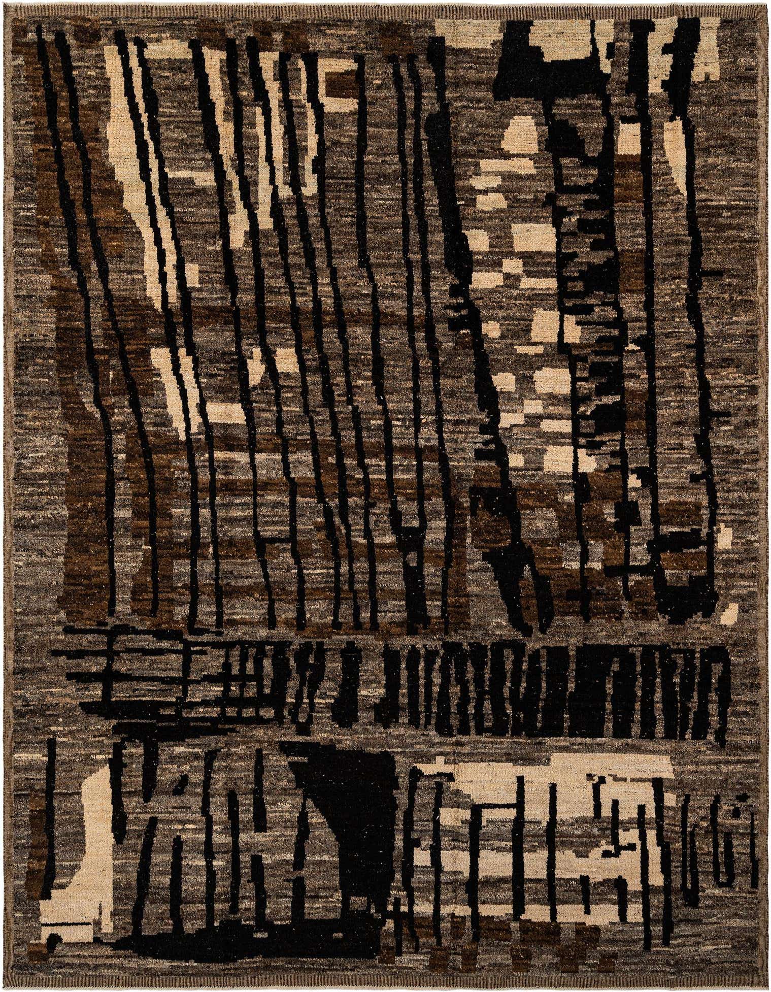 A rectangular handmade Marok Kilim wool rug featuring an abstract tribal pattern in shades of gray, silver, black, and beige.