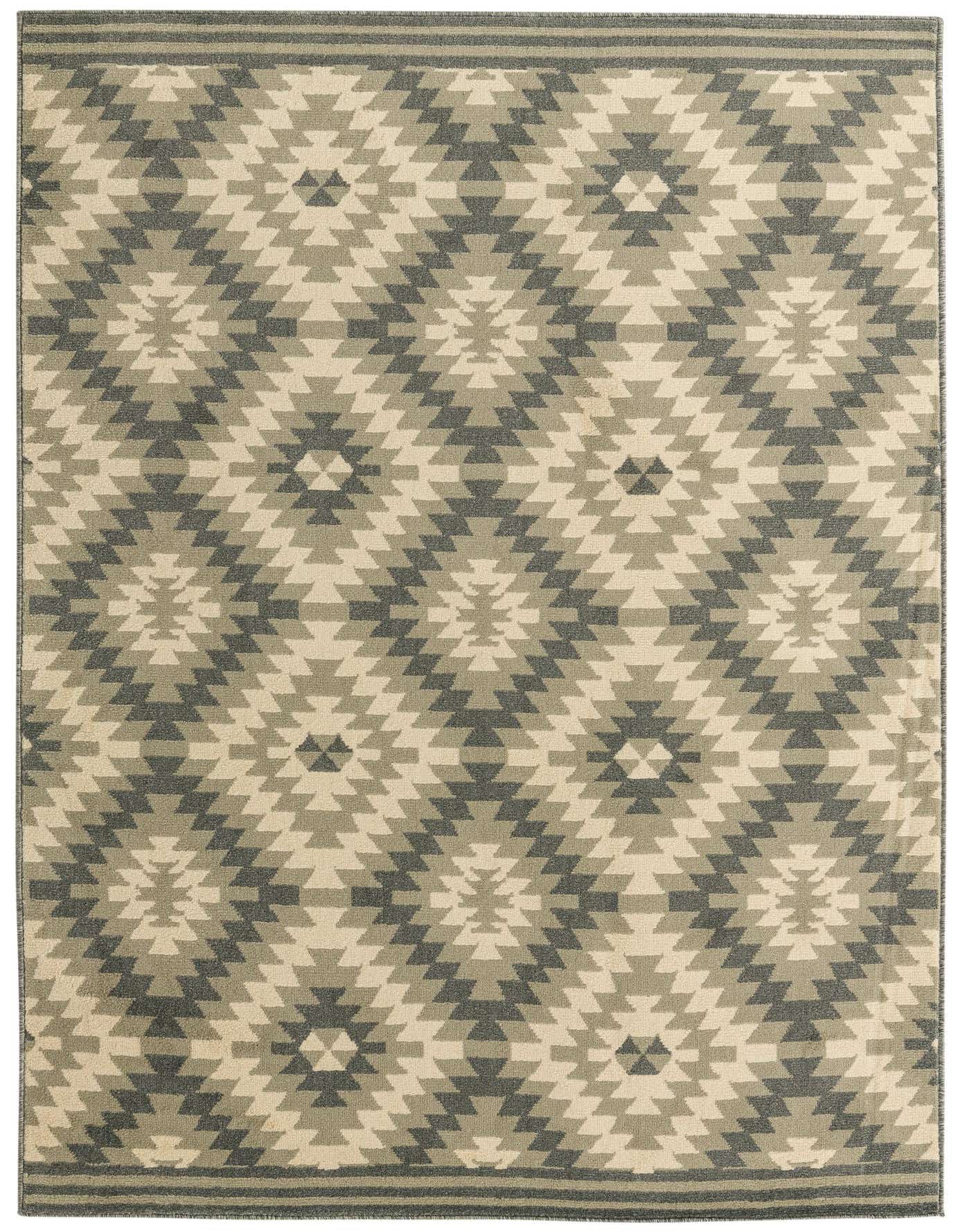 A 5x8 rectangular indoor area rug featuring a modern abstract pattern in varying shades of gray and silver.