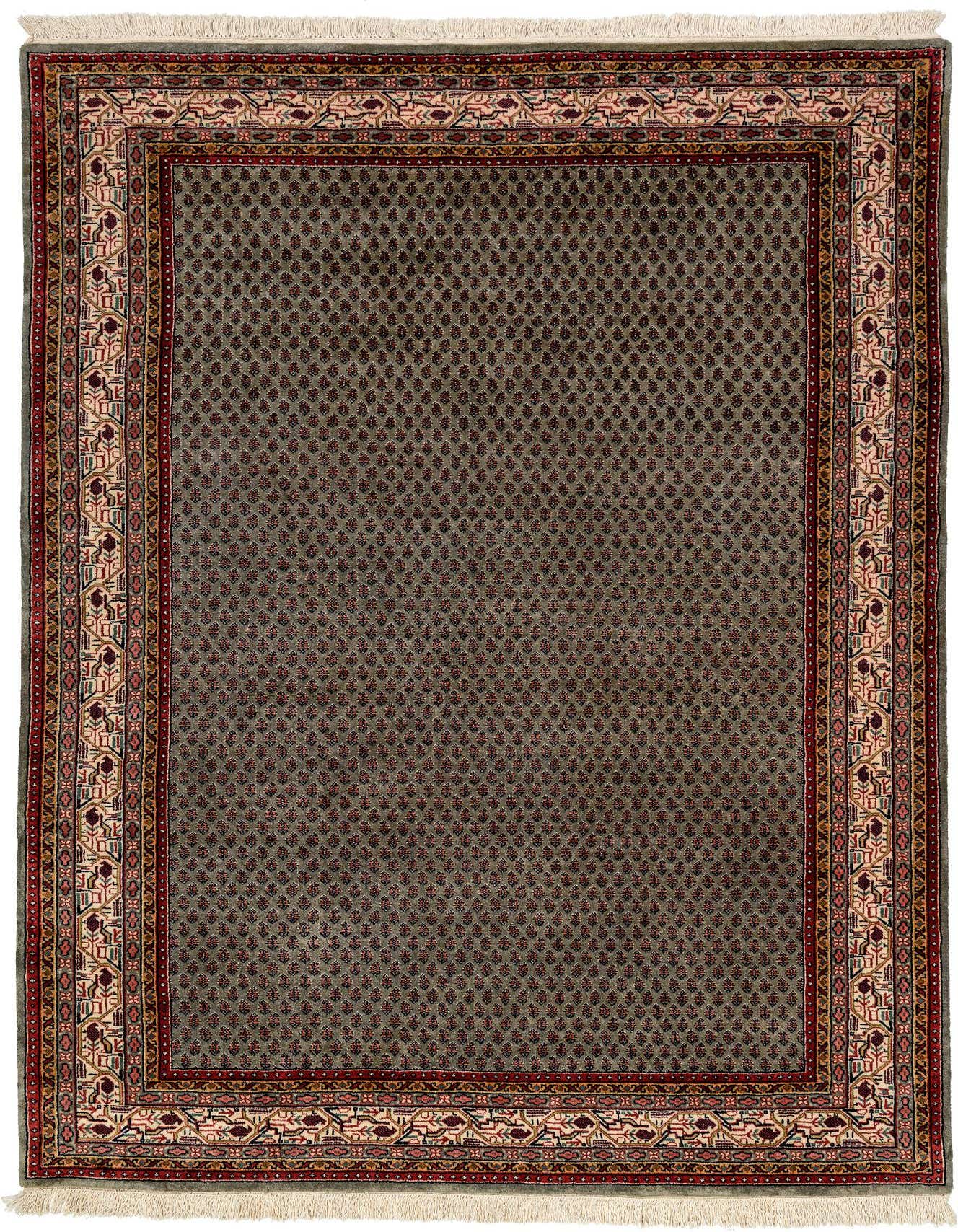 A 5x7 rectangular gray Oriental wool rug with a detailed multicolored border and fringe, suitable for indoor use.