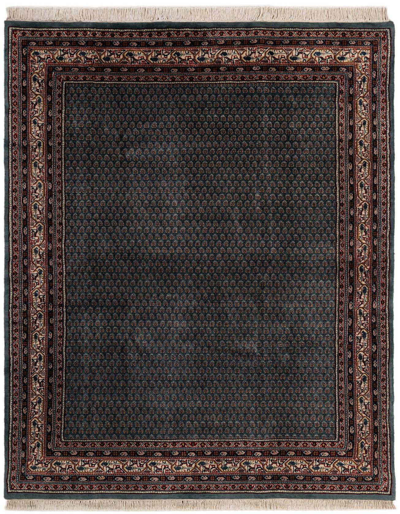 A 5x8 rectangular gray traditional Oriental wool rug with intricate floral patterns and a detailed border.