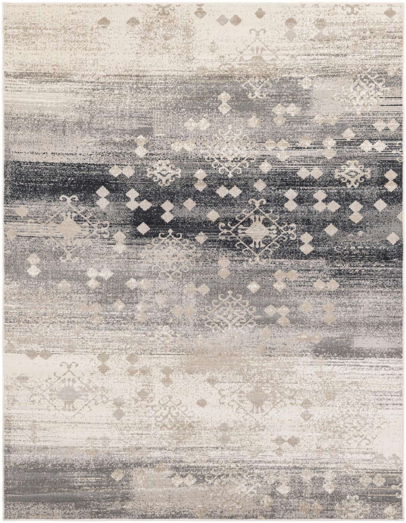 A 5x8 rectangular area rug with a modern vintage distressed pattern in shades of gray, silver, and beige.