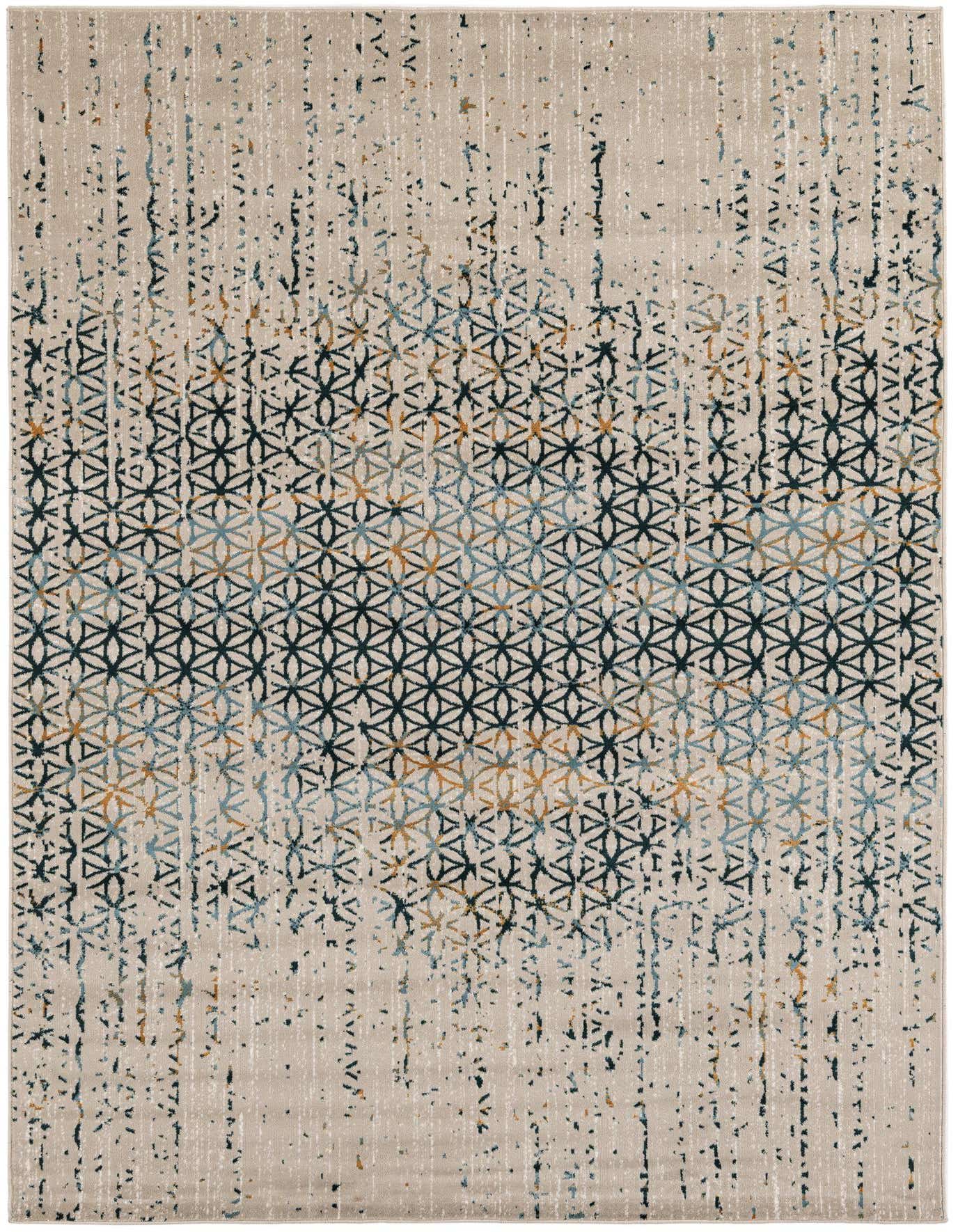A 5x8 rectangular modern rug with a gray base, featuring a geometric pattern in teal, navy, and gold tones.