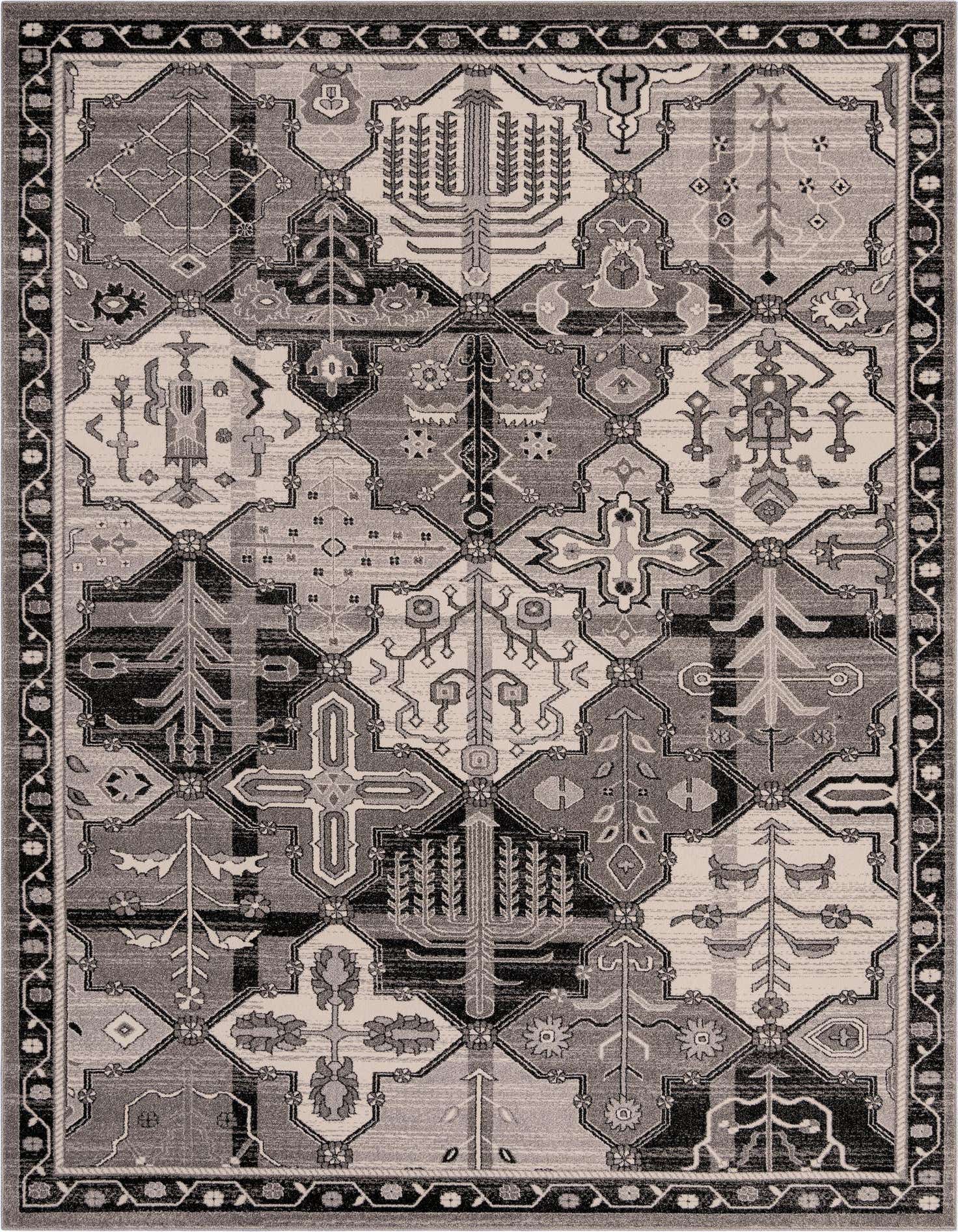 A 9x12 rectangular gray area rug with a complex bohemian and traditional trellis pattern, featuring botanical motifs in varying shades of gray, silver, and black, ideal for a living room.