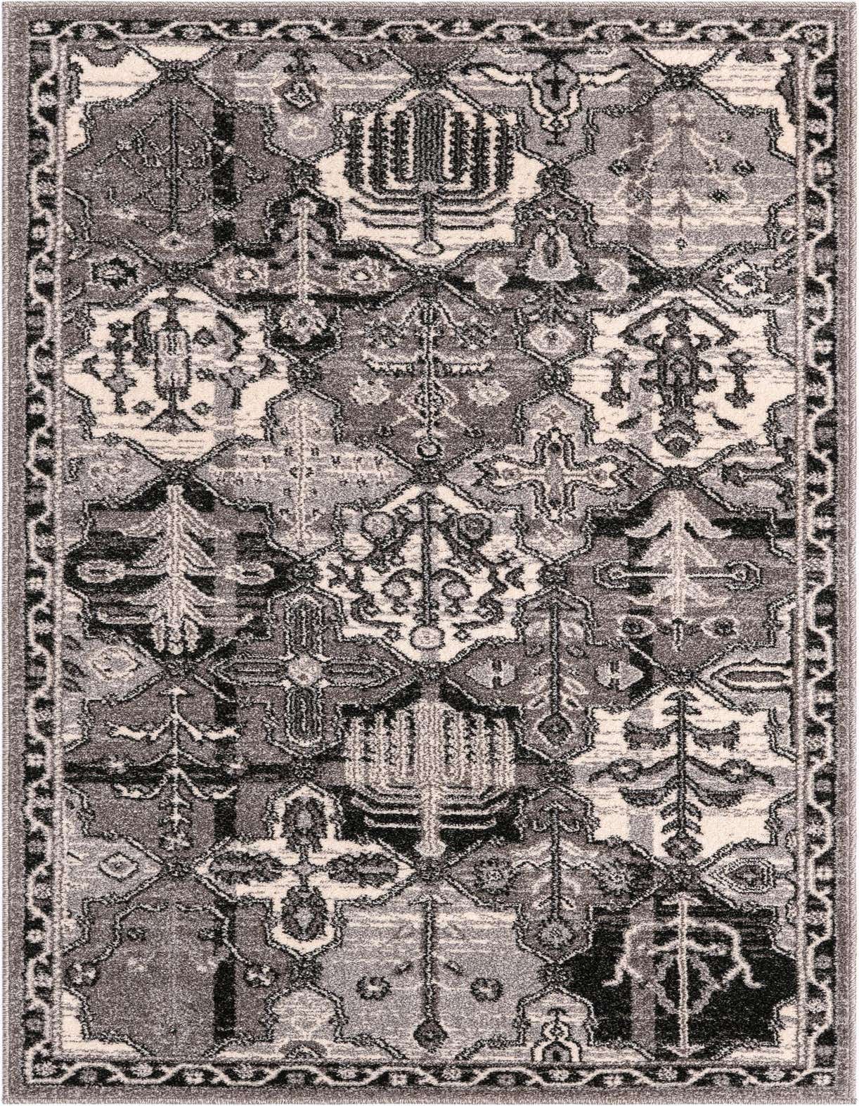 A 3x5 rectangular gray area rug featuring a distressed bohemian and traditional botanical pattern with trellis motifs.