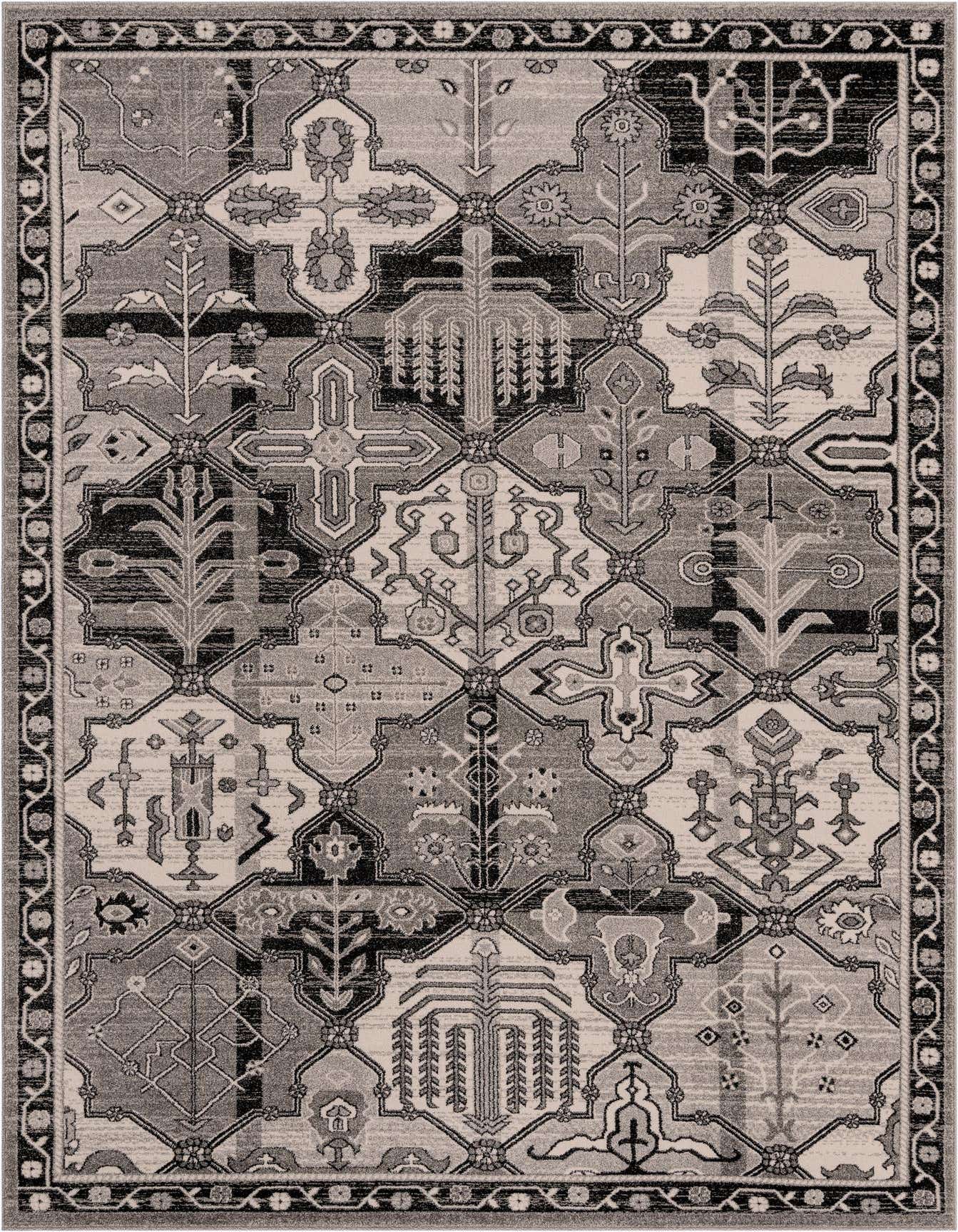 A 7x10 rectangular gray area rug with a bohemian, contemporary, and traditional trellis pattern, suitable for a living room.
