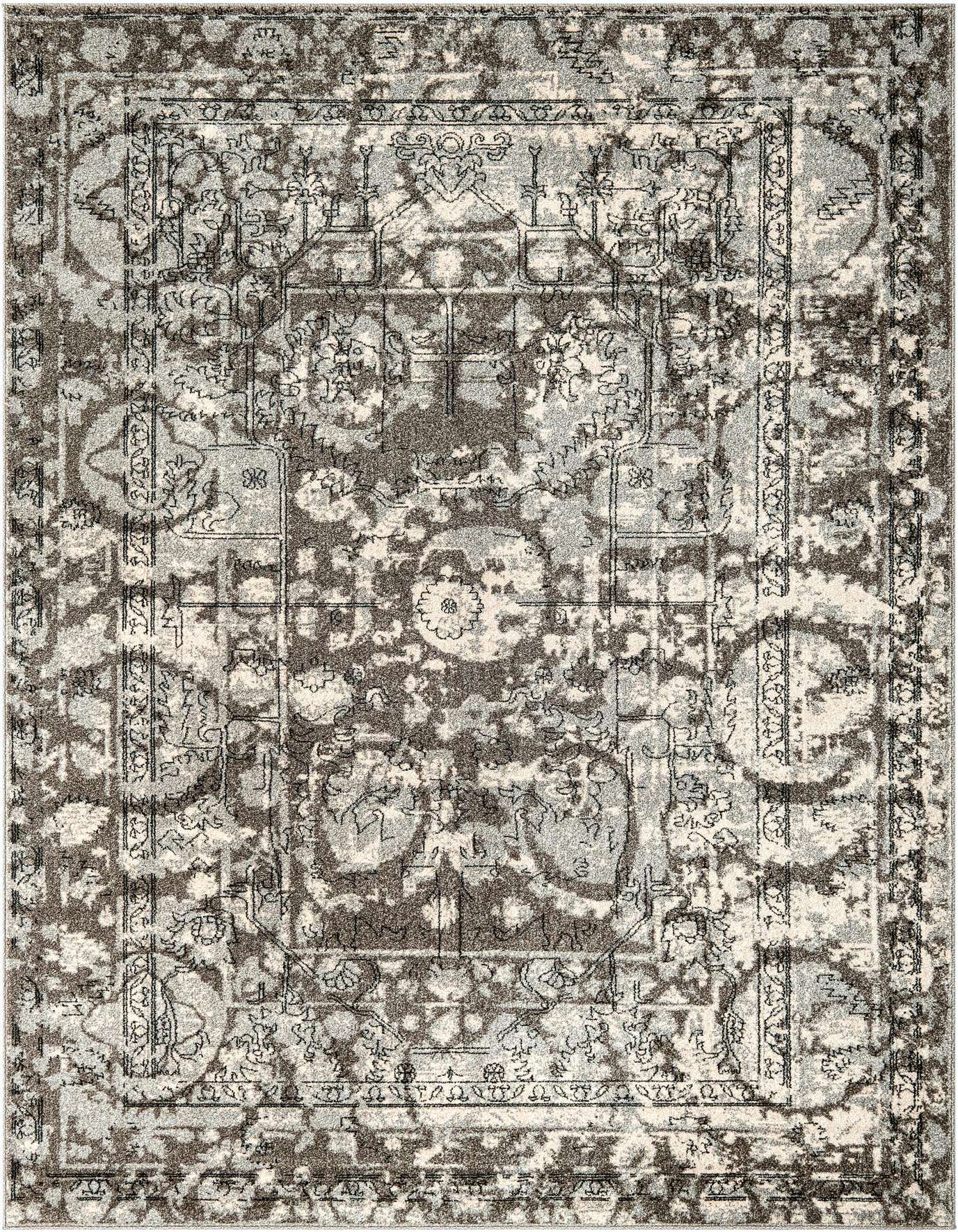 A 7x10 rectangular Rugs.com Miranda area rug featuring a distressed gray and silver traditional medallion pattern.