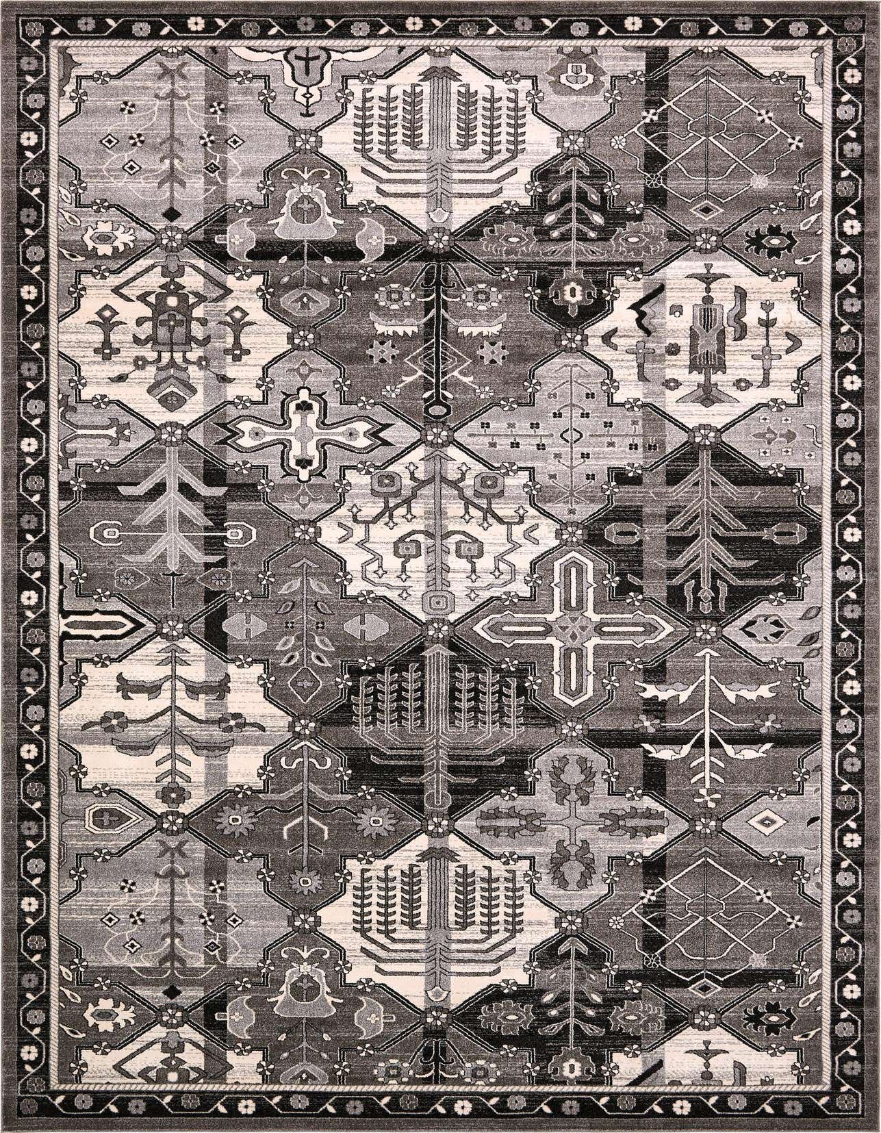 A rectangular gray and silver palace rug with a complex bohemian and traditional pattern, featuring botanical and trellis motifs.