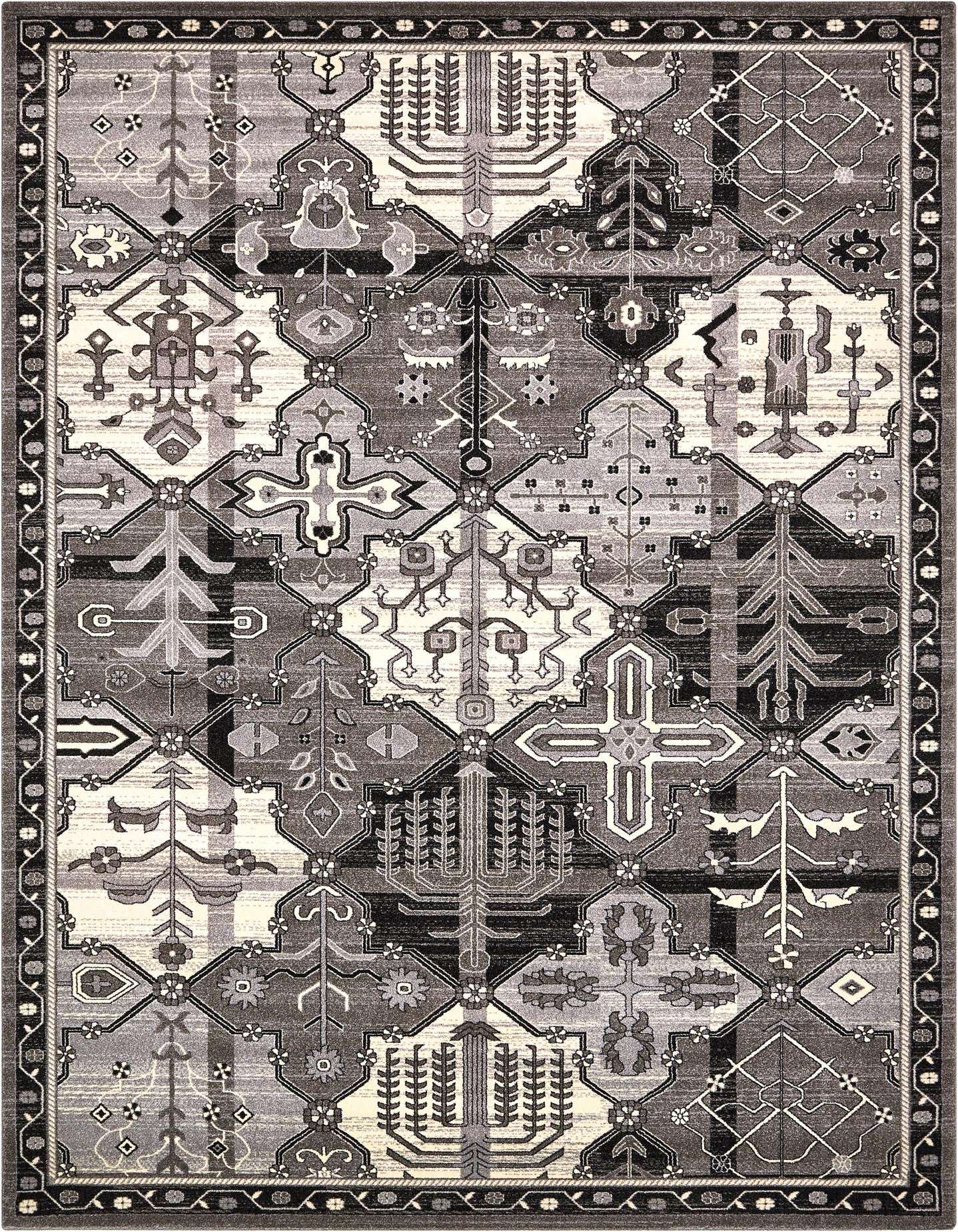 A large 10x14 rectangular gray area rug featuring a complex bohemian and traditional pattern with botanical and trellis motifs.