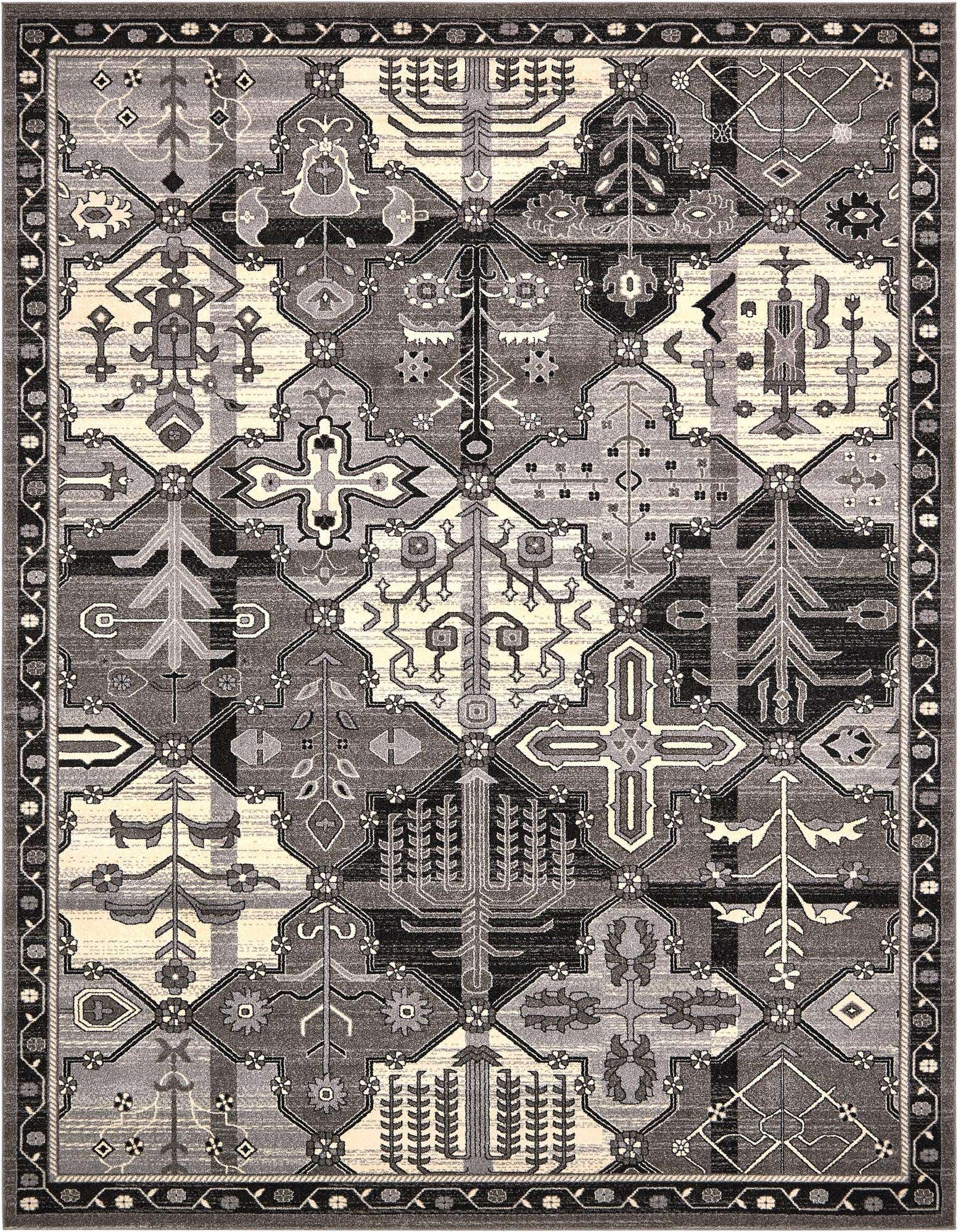 A 10x13 rectangular gray area rug with a complex bohemian and traditional pattern featuring botanical and trellis motifs.