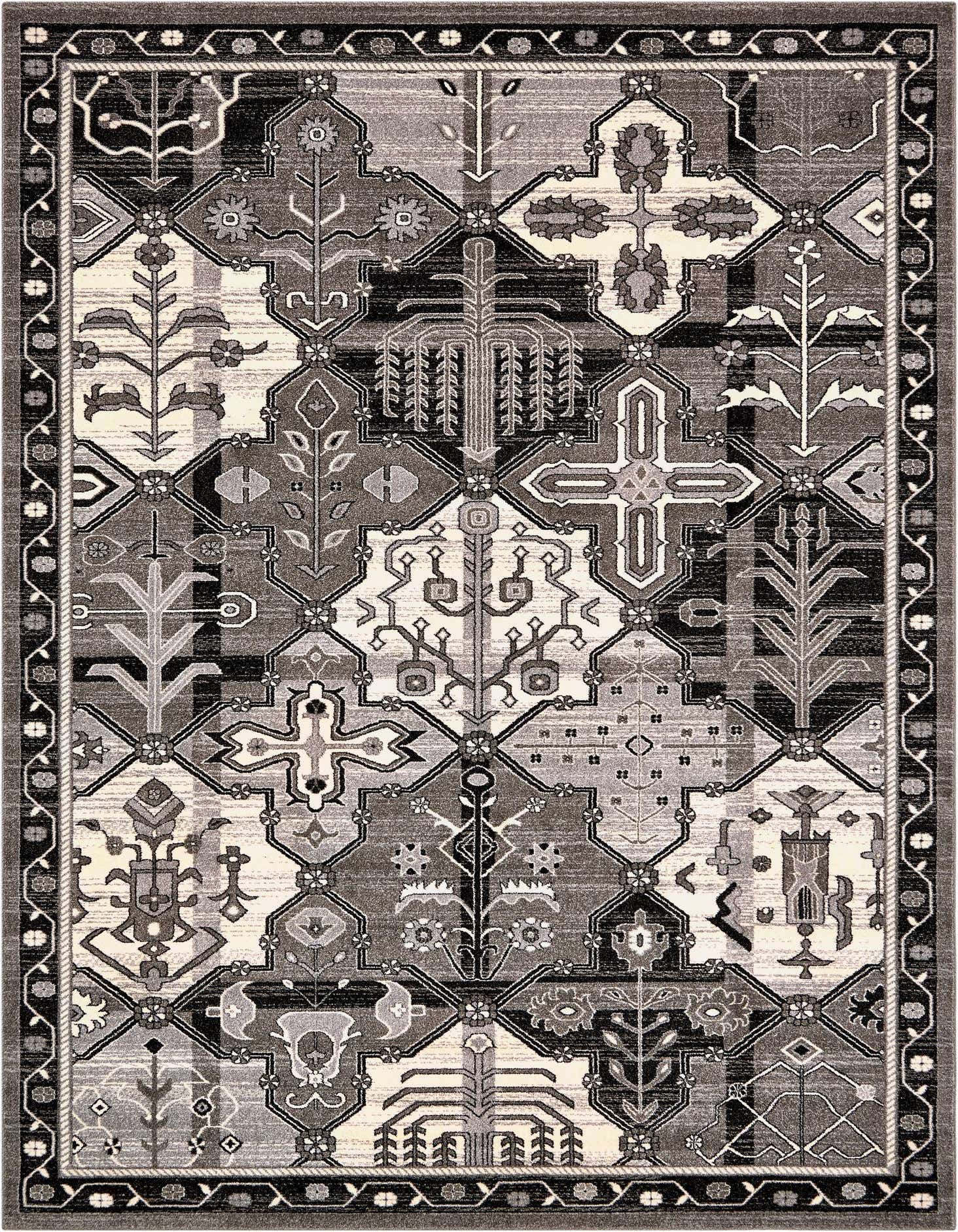 A rectangular 8x11 gray area rug with a complex Bohemian and Traditional botanical pattern, featuring shades of gray, silver, and off-white.