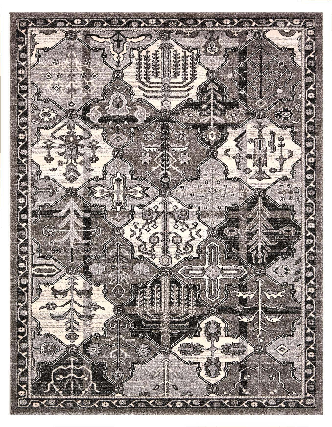 A 6x9 rectangular gray area rug with a complex bohemian and traditional medallion pattern, featuring various shades of gray, silver, and off-white.