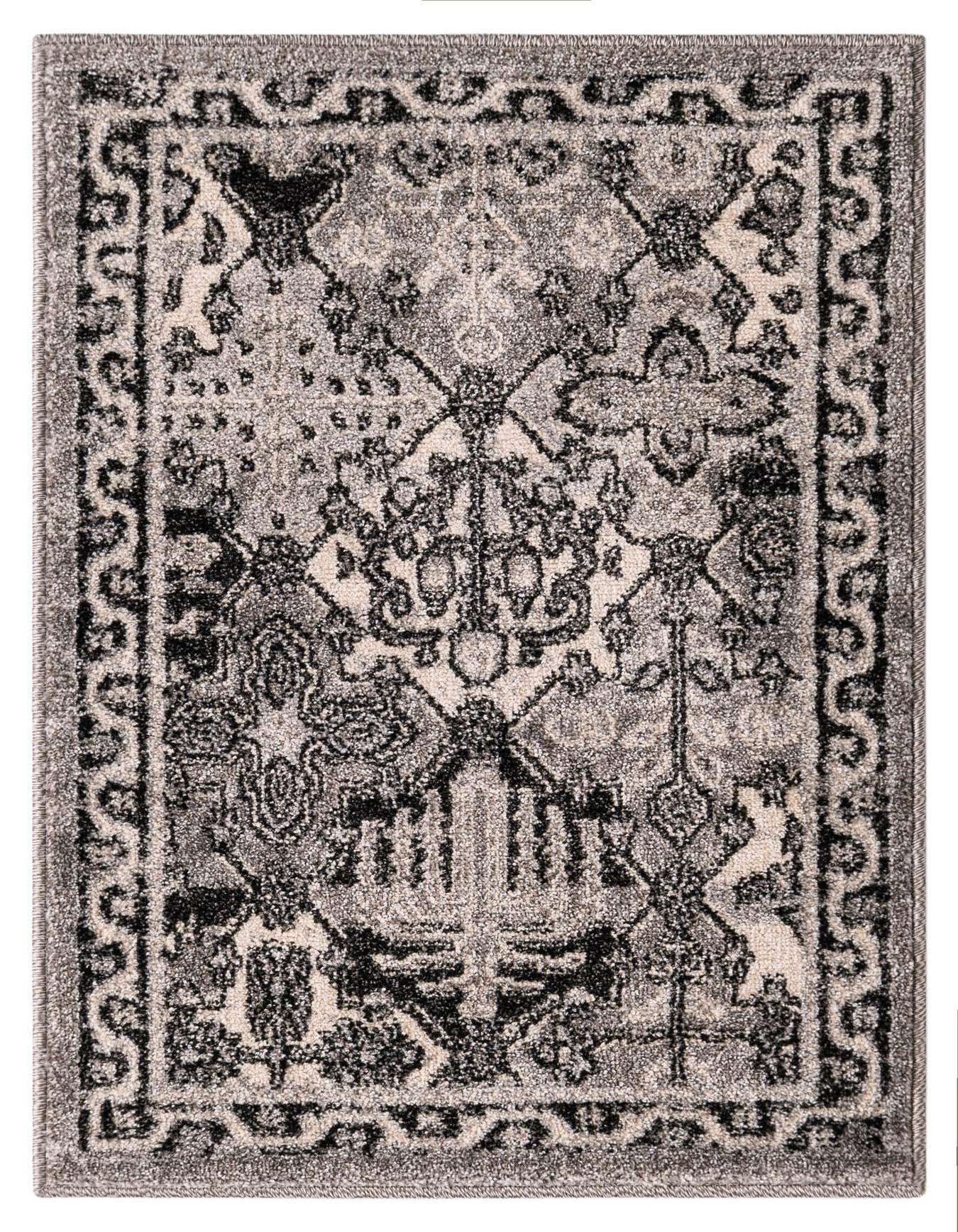 A 2x3 rectangular gray and silver rug with a distressed traditional botanical pattern and a decorative border.