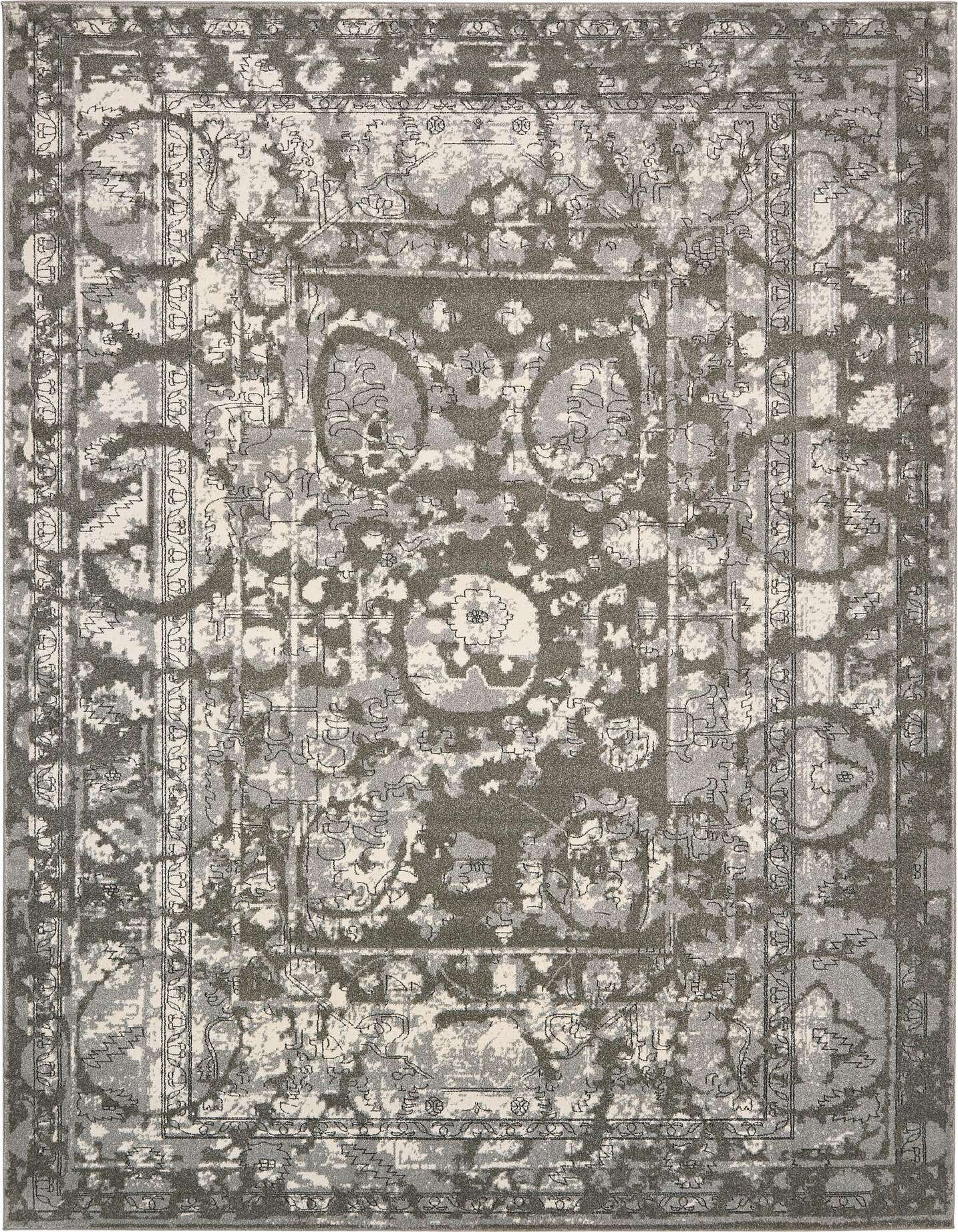 A 10x14 rectangular gray and silver area rug with an eclectic medallion and botanical pattern, suitable for various indoor rooms.