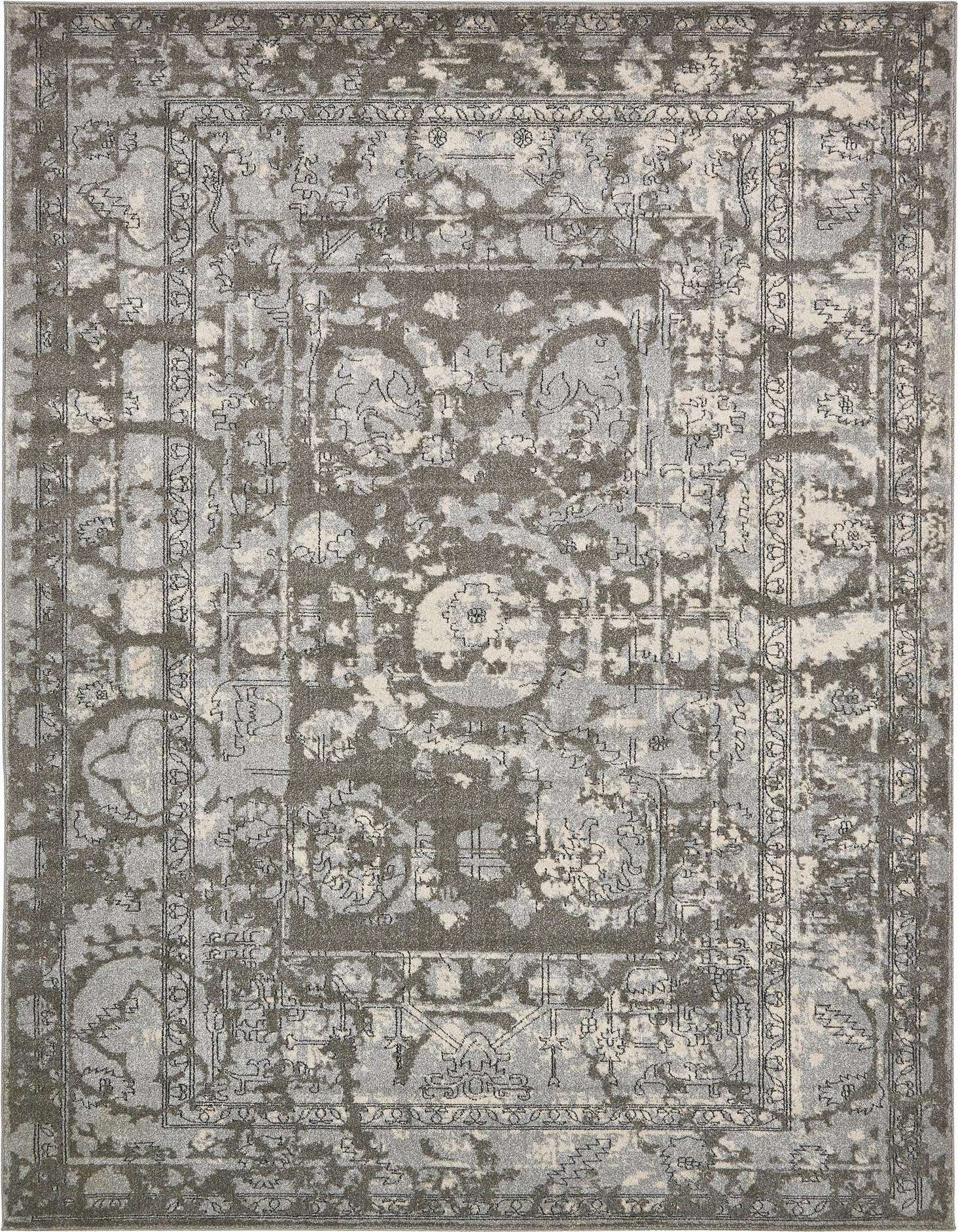 An 8x11 rectangular gray area rug with a distressed eclectic medallion and botanical pattern, featuring shades of light and dark gray.