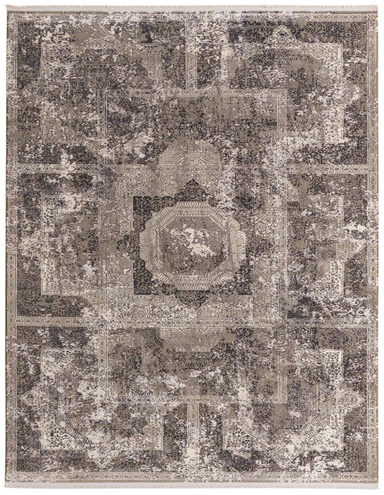A 5x8 rectangular Modern Classical rug in shades of gray and silver, featuring a distressed vintage Oriental pattern.