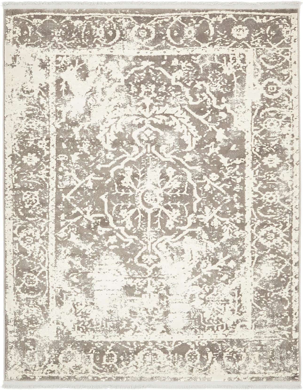 A 4x6 rectangular gray and off-white area rug with a distressed medallion and border pattern, suitable for a living room.