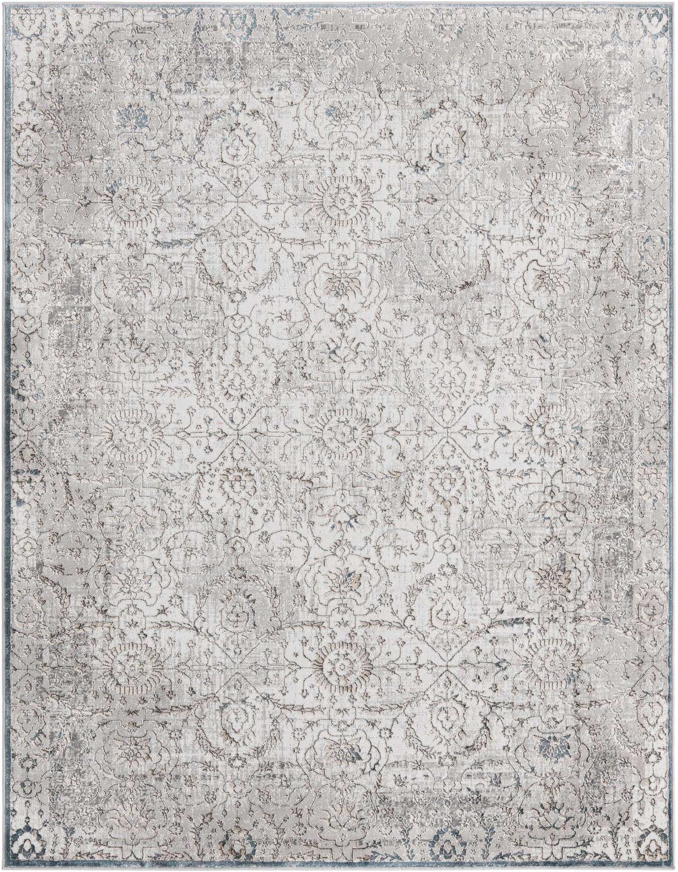 A 5x8 rectangular Modern Classical area rug in shades of gray and silver with a vintage-inspired pattern.