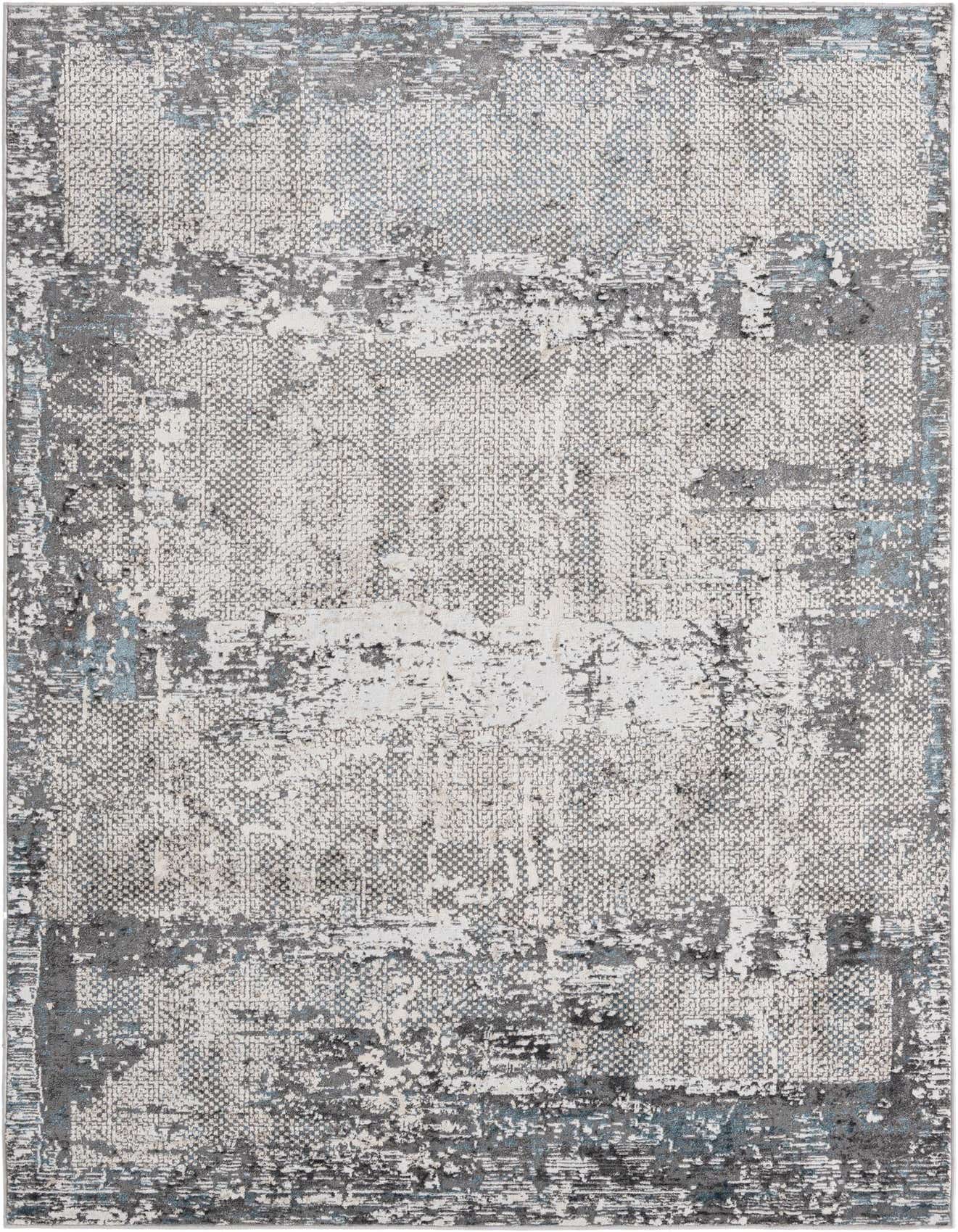 A 5x8 rectangular gray and silver modern vintage rug with a textured, distressed pattern, suitable for a living room or office.