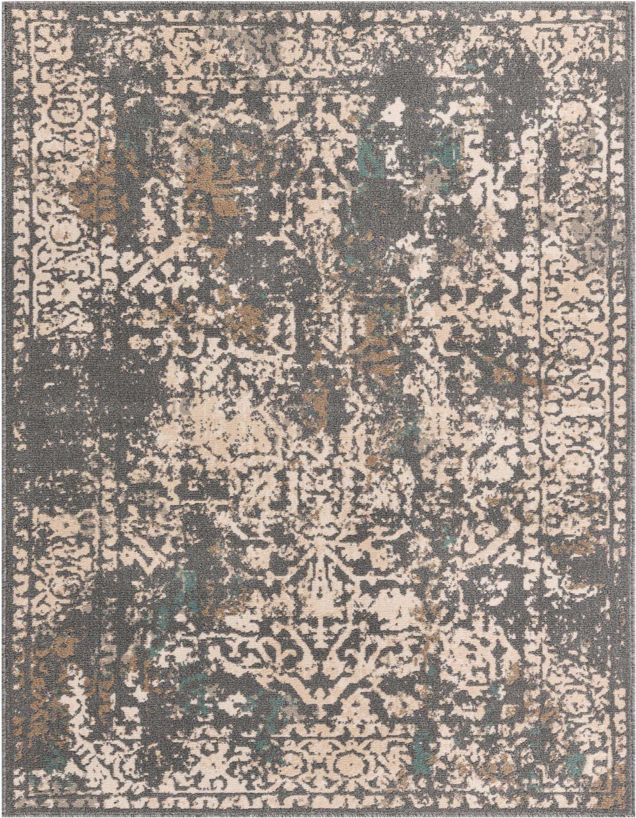 A 5x8 rectangular indoor rug featuring a distressed traditional pattern in shades of gray, silver, beige, and hints of teal and gold.