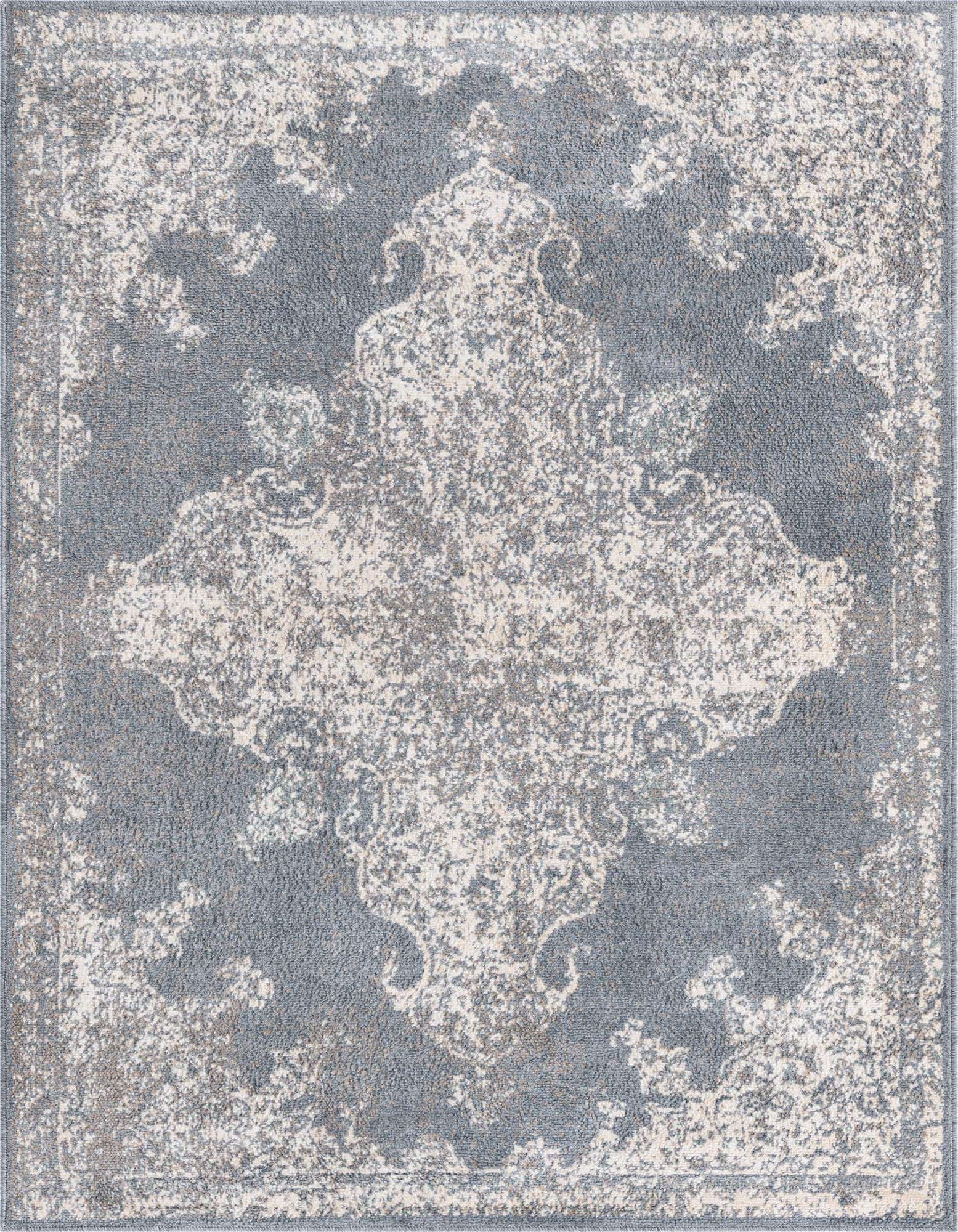 An 8x10 rectangular gray and silver traditional medallion rug with a distressed vintage look, perfect for a living room.