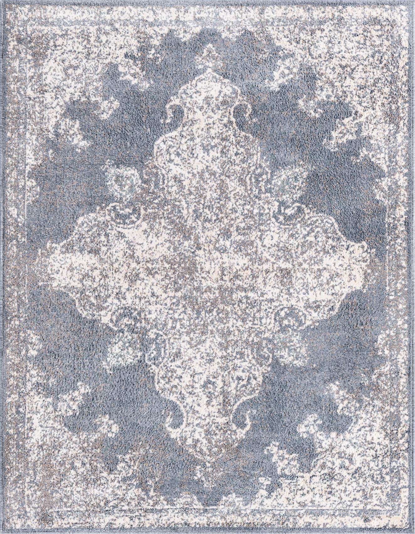 A 4x6 rectangular gray and silver traditional medallion rug with a distressed vintage pattern, ideal for a living room or entryway.