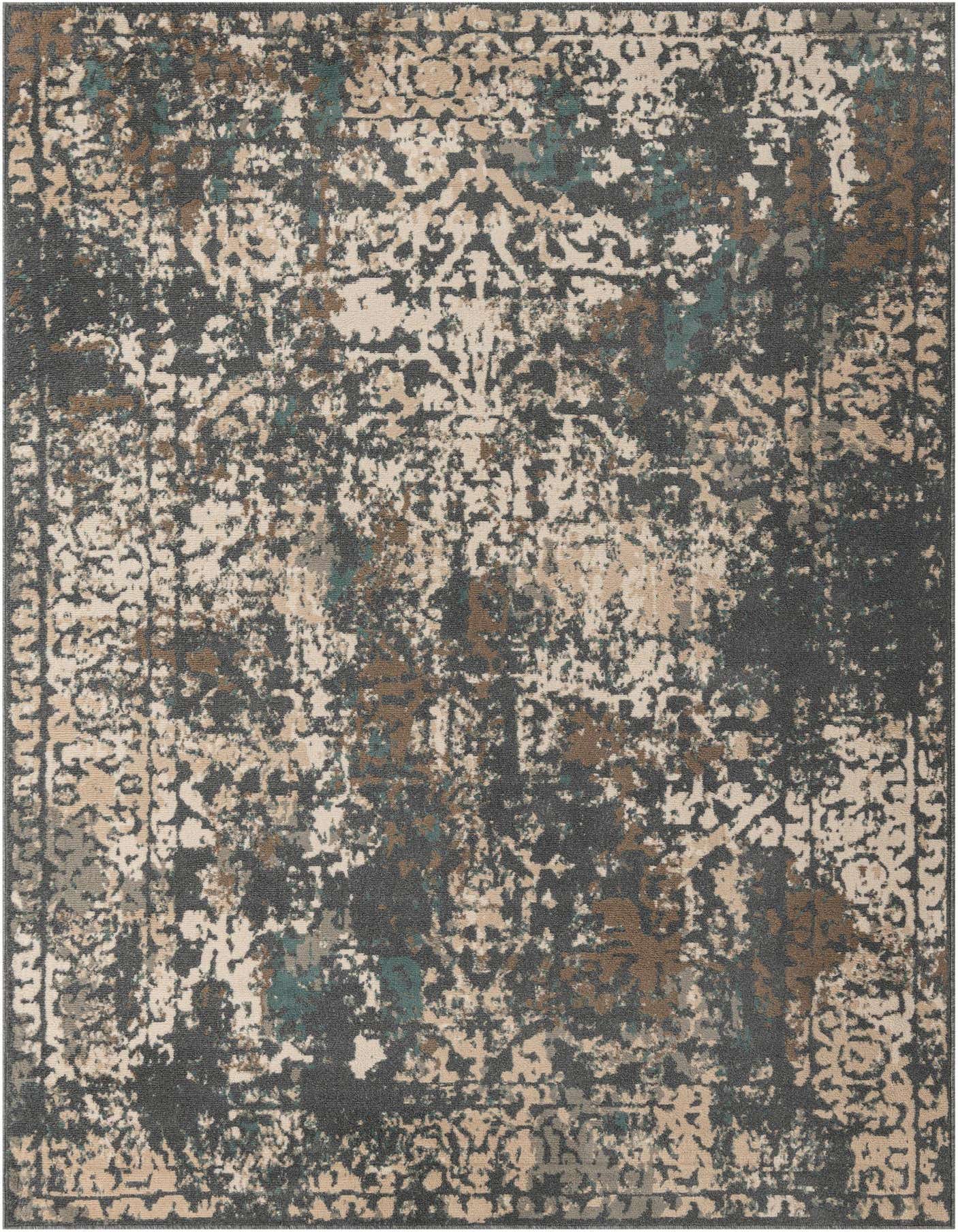 A 6x9 rectangular area rug featuring an abstract transitional pattern in shades of gray, silver, beige, and hints of teal and brown.