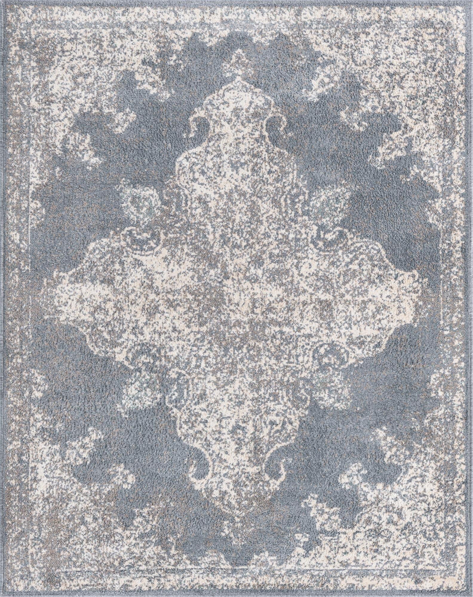 An 8x10 rectangular gray and silver traditional medallion rug with a distressed vintage look, perfect for a living room.