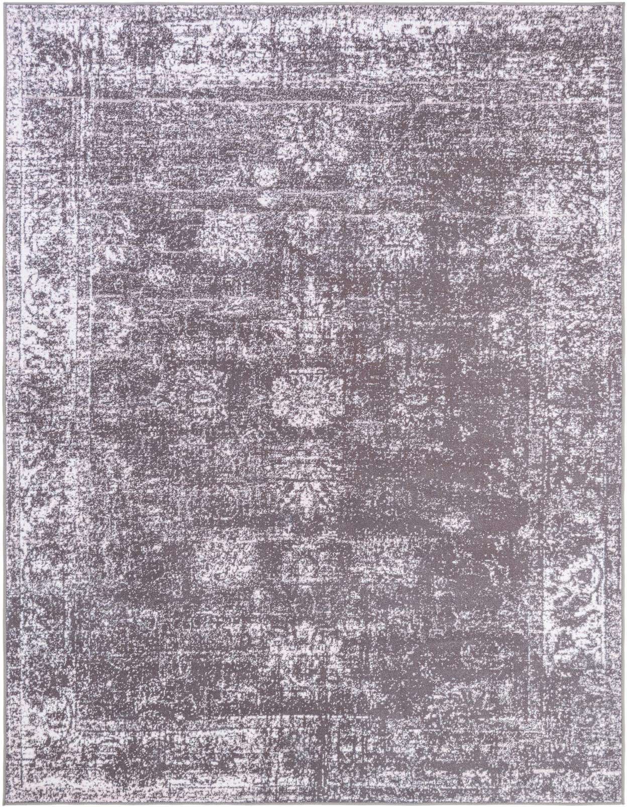 A 5x8 rectangular Monte Carlo rug in gray and silver with a distressed traditional medallion pattern, ideal for a living room.