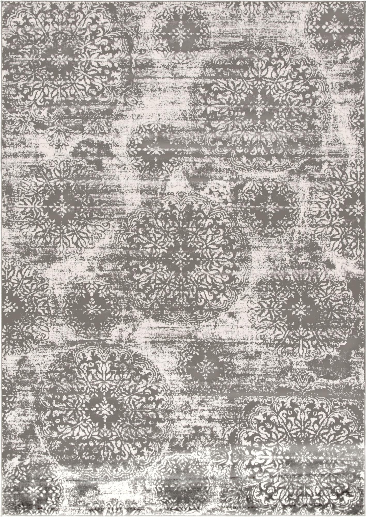 A 7x10 rectangular gray area rug with a distressed traditional floral medallion pattern in silver and white.