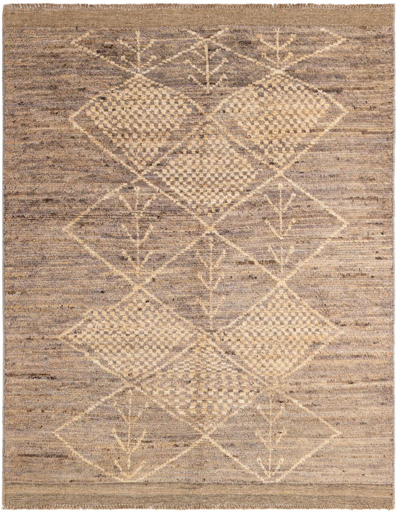 A 4x6 rectangular gray wool rug with a modern tribal diamond and tree-like pattern, ideal for a living room.
