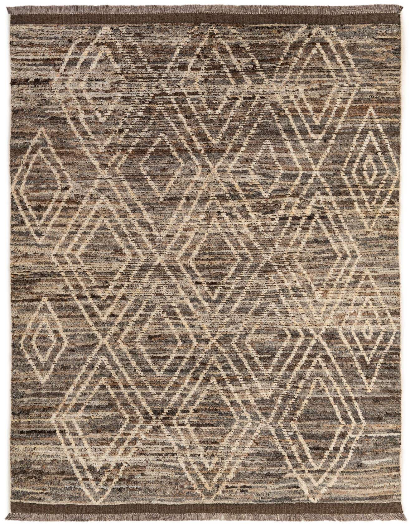 A 5x8 rectangular gray Moroccan shag rug with a modern tribal diamond pattern, ideal for a living room.