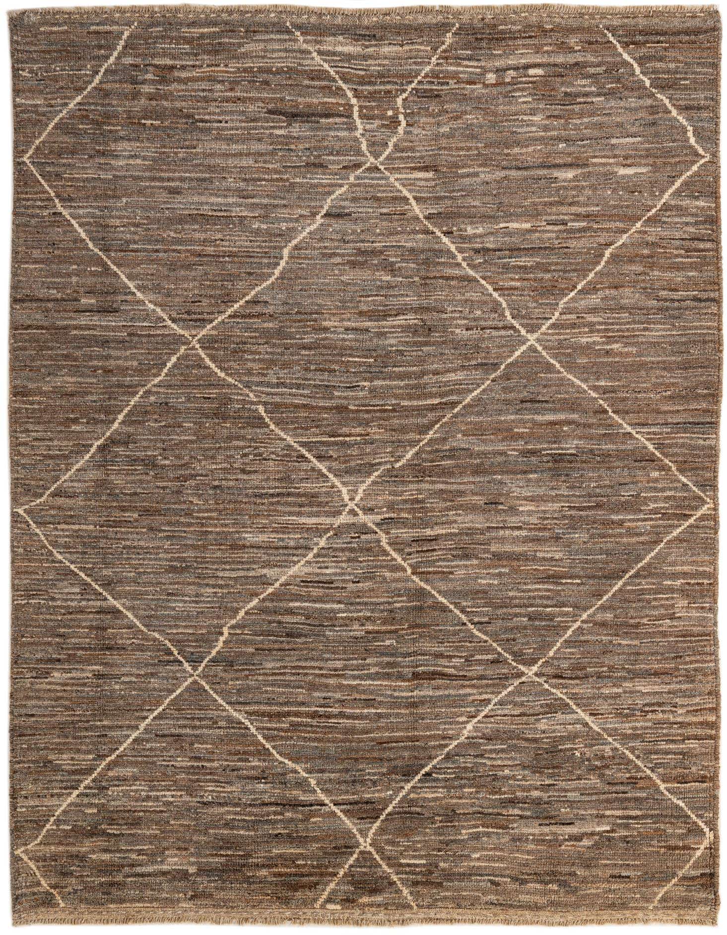 A 5x8 rectangular gray wool area rug with a modern tribal diamond pattern, ideal for a living room.