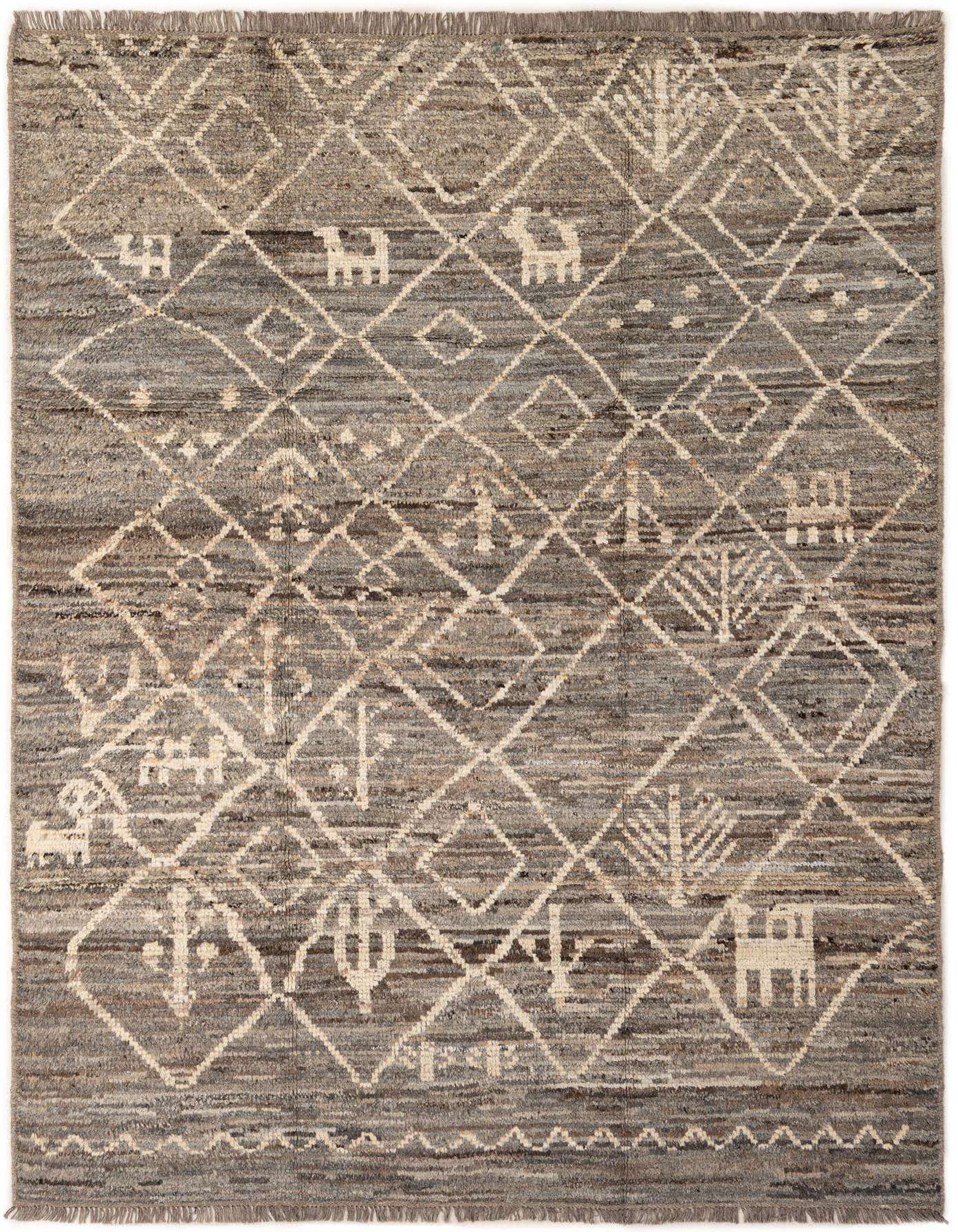 A 7x10 rectangular gray wool rug with a tribal pattern of light diamond lattice and abstract symbols.