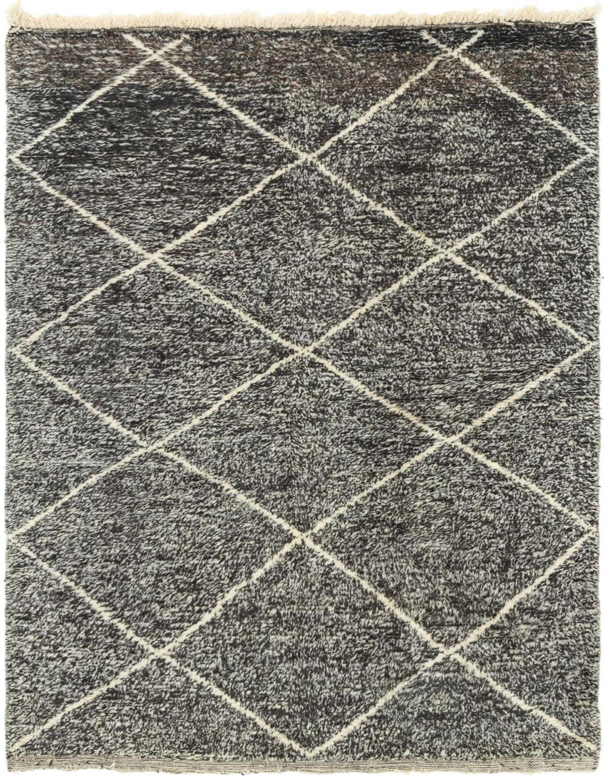 A 5x8 rectangular gray shag rug with a white diamond trellis pattern and fringed edges, suitable for a living room.