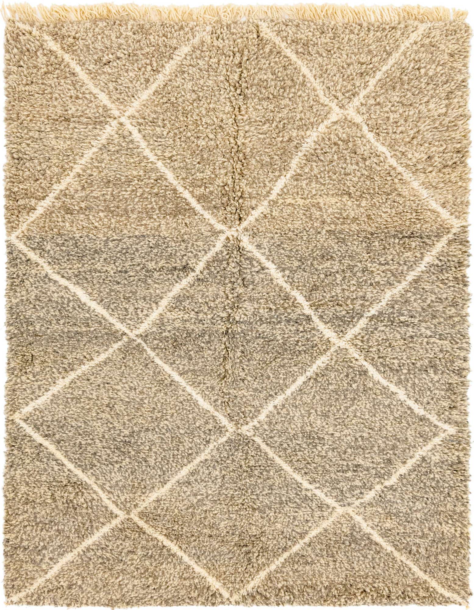 A 5x8 rectangular gray shag rug with a modern tribal diamond pattern in lighter gray, suitable for a living room.