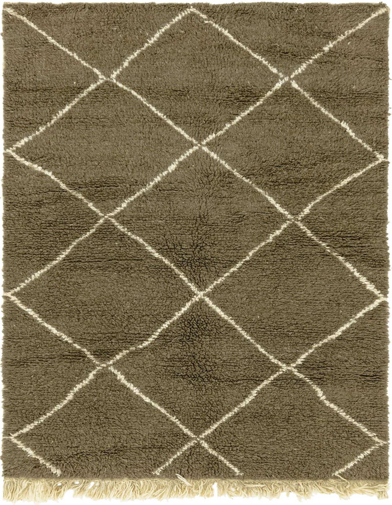 A 5x7 rectangular gray shag rug with a white tribal diamond pattern and fringed ends, suitable for indoor spaces.